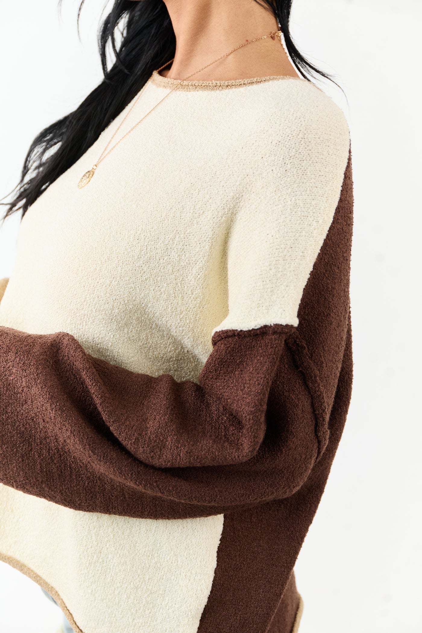Cream Colorblock Rolled Seam Textured Sweater