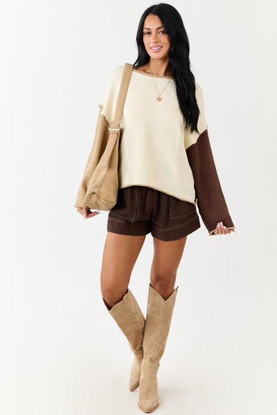 Cream Colorblock Rolled Seam Textured Sweater