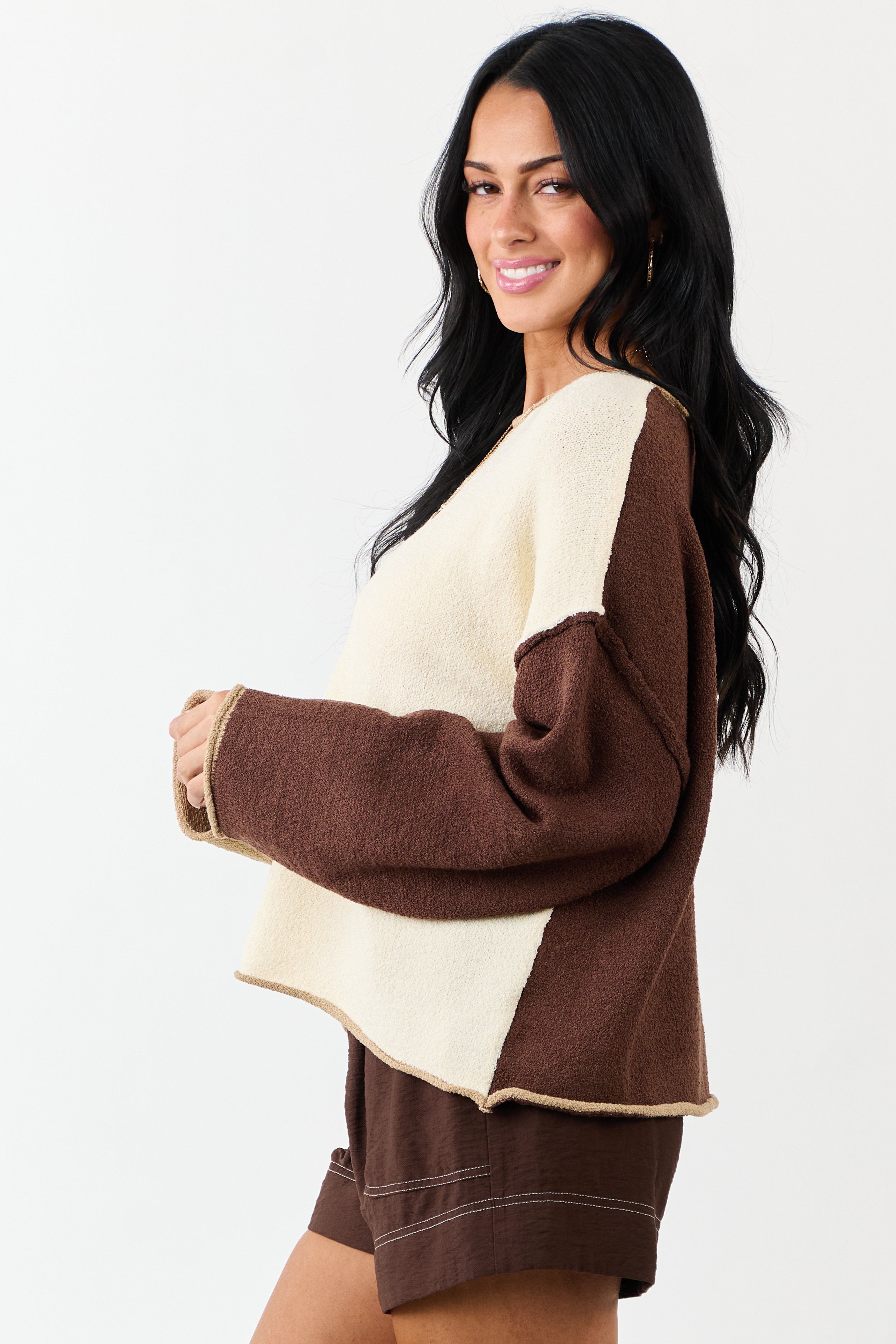 Cream Colorblock Rolled Seam Textured Sweater