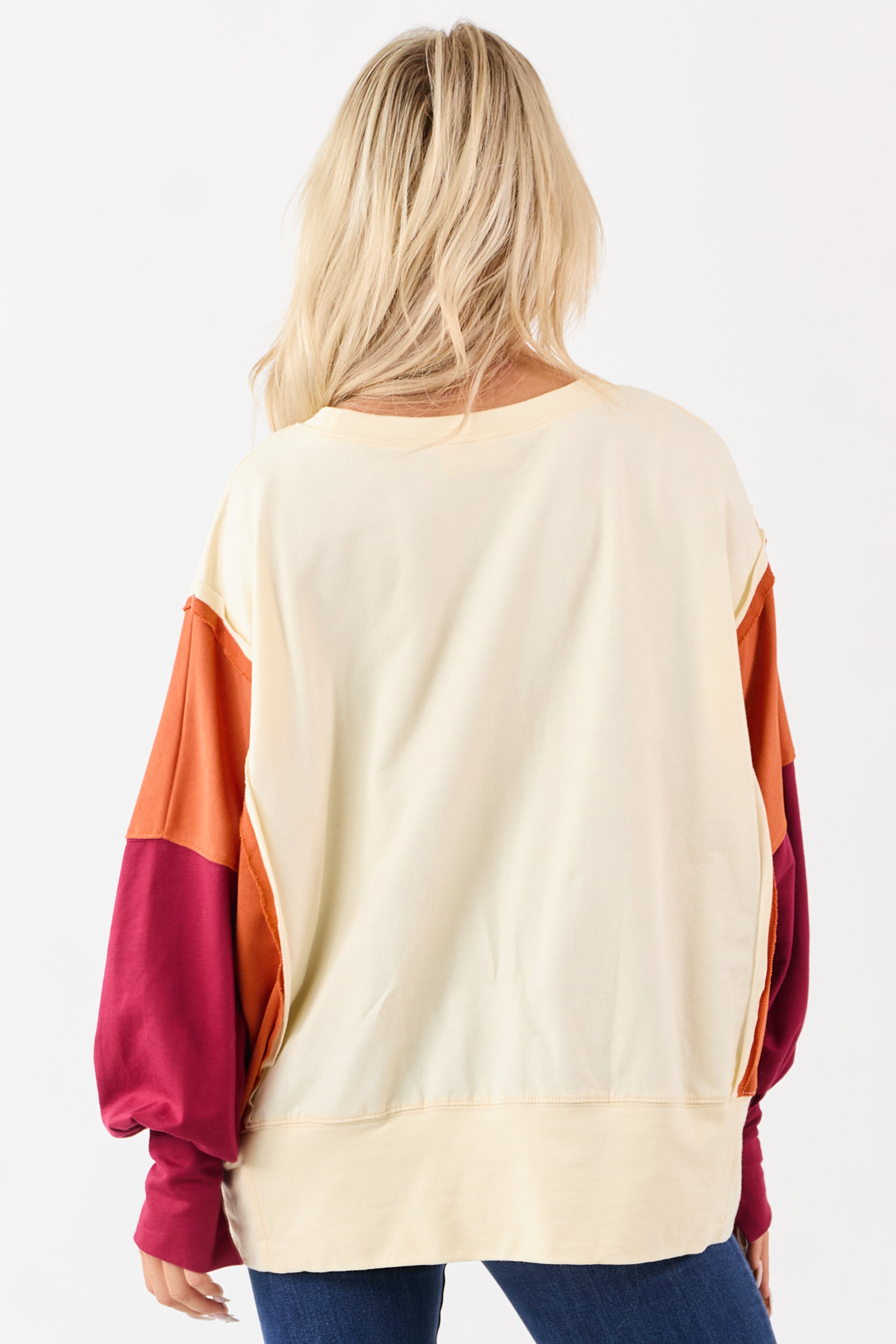 Cream Colorblock Sequin Fall Leaves Cotton Sweatshirt