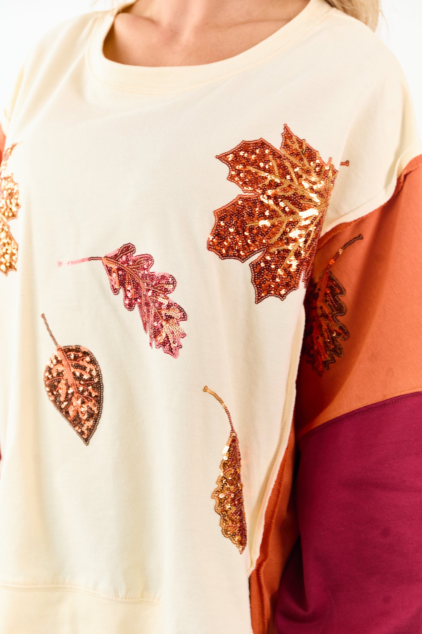 Cream Colorblock Sequin Fall Leaves Cotton Sweatshirt