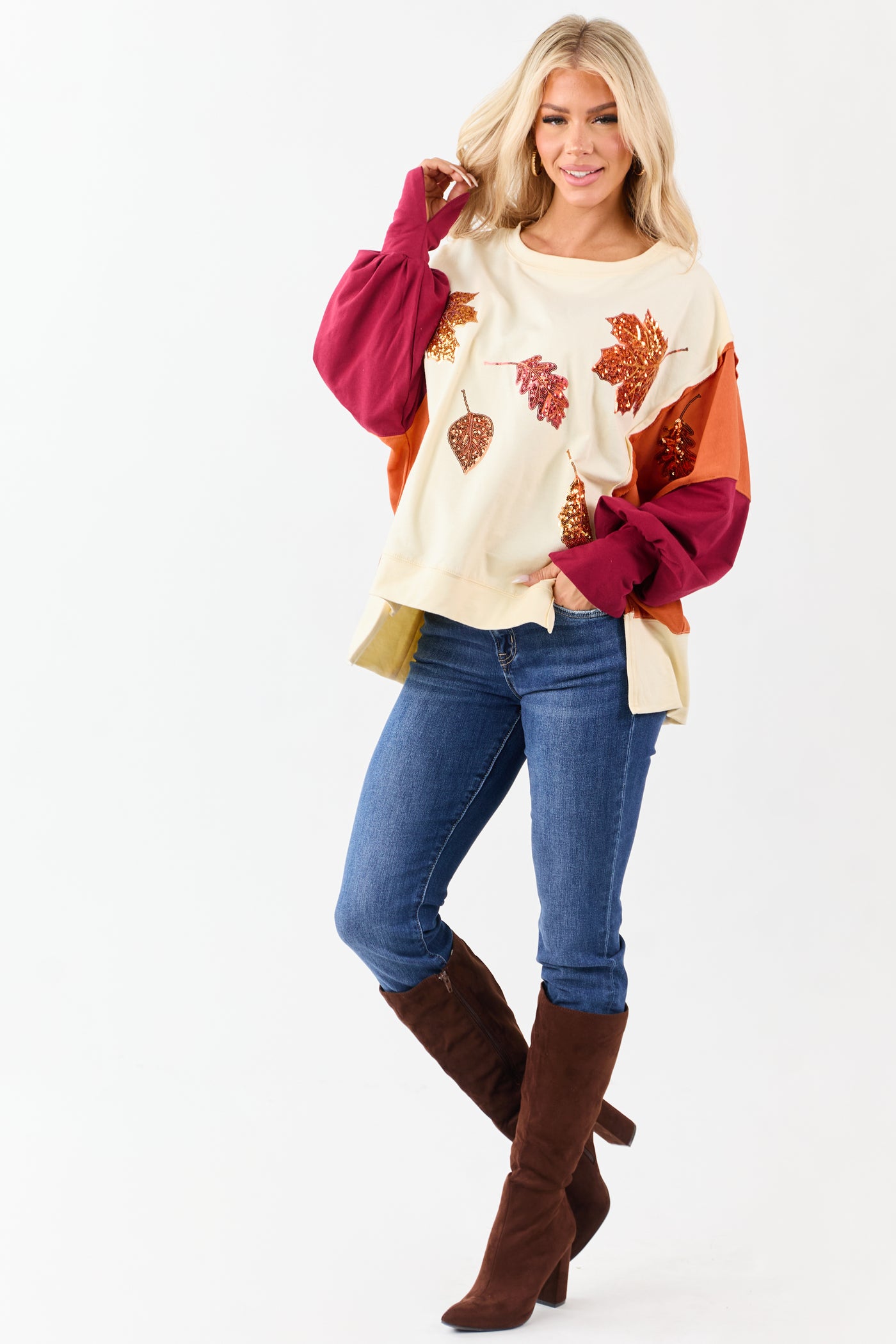 Cream Colorblock Sequin Fall Leaves Cotton Sweatshirt