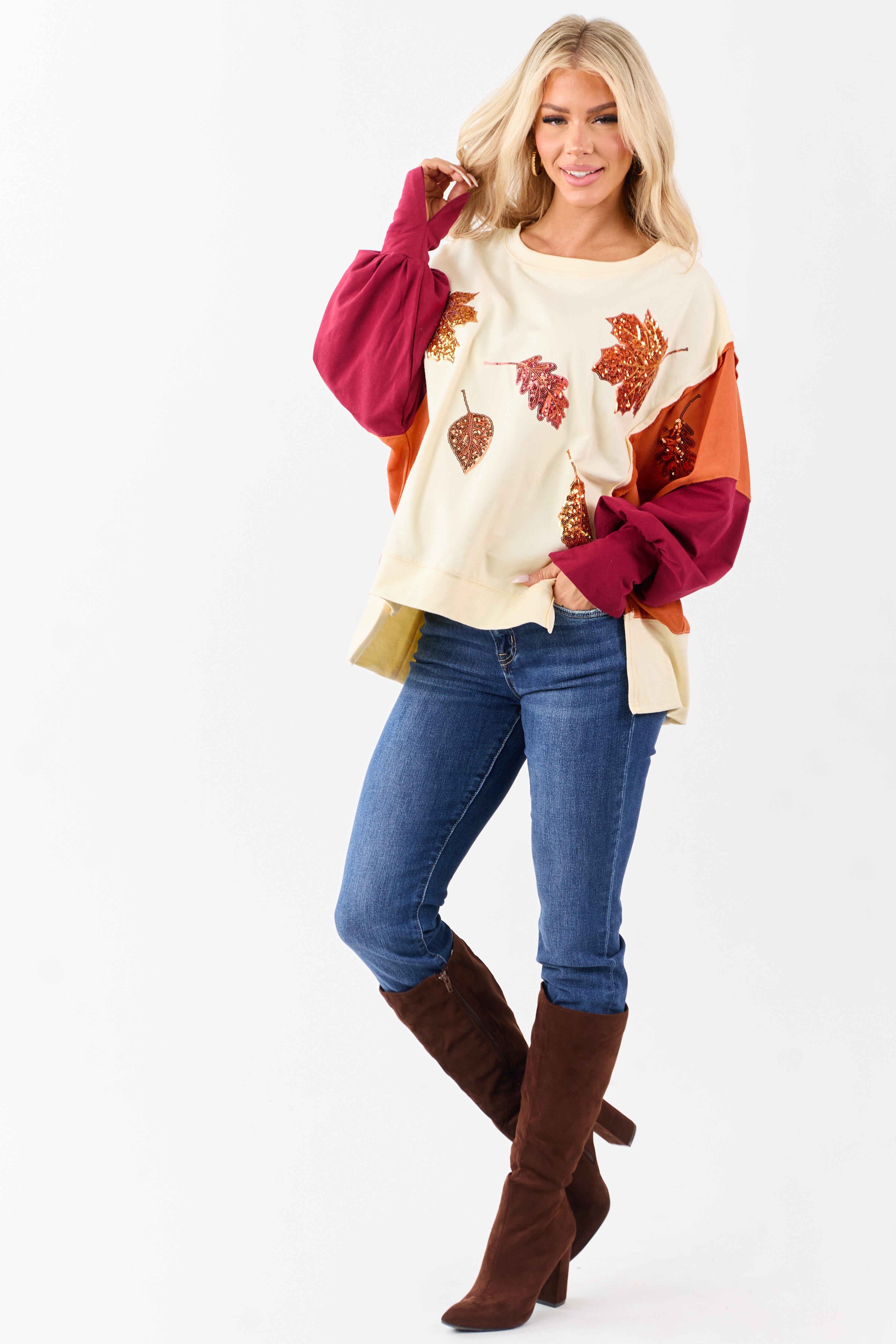 Cream Colorblock Sequin Fall Leaves Cotton Sweatshirt