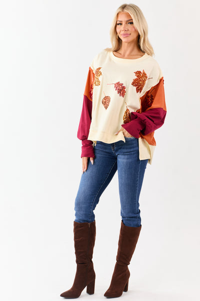Cream Colorblock Sequin Fall Leaves Cotton Sweatshirt