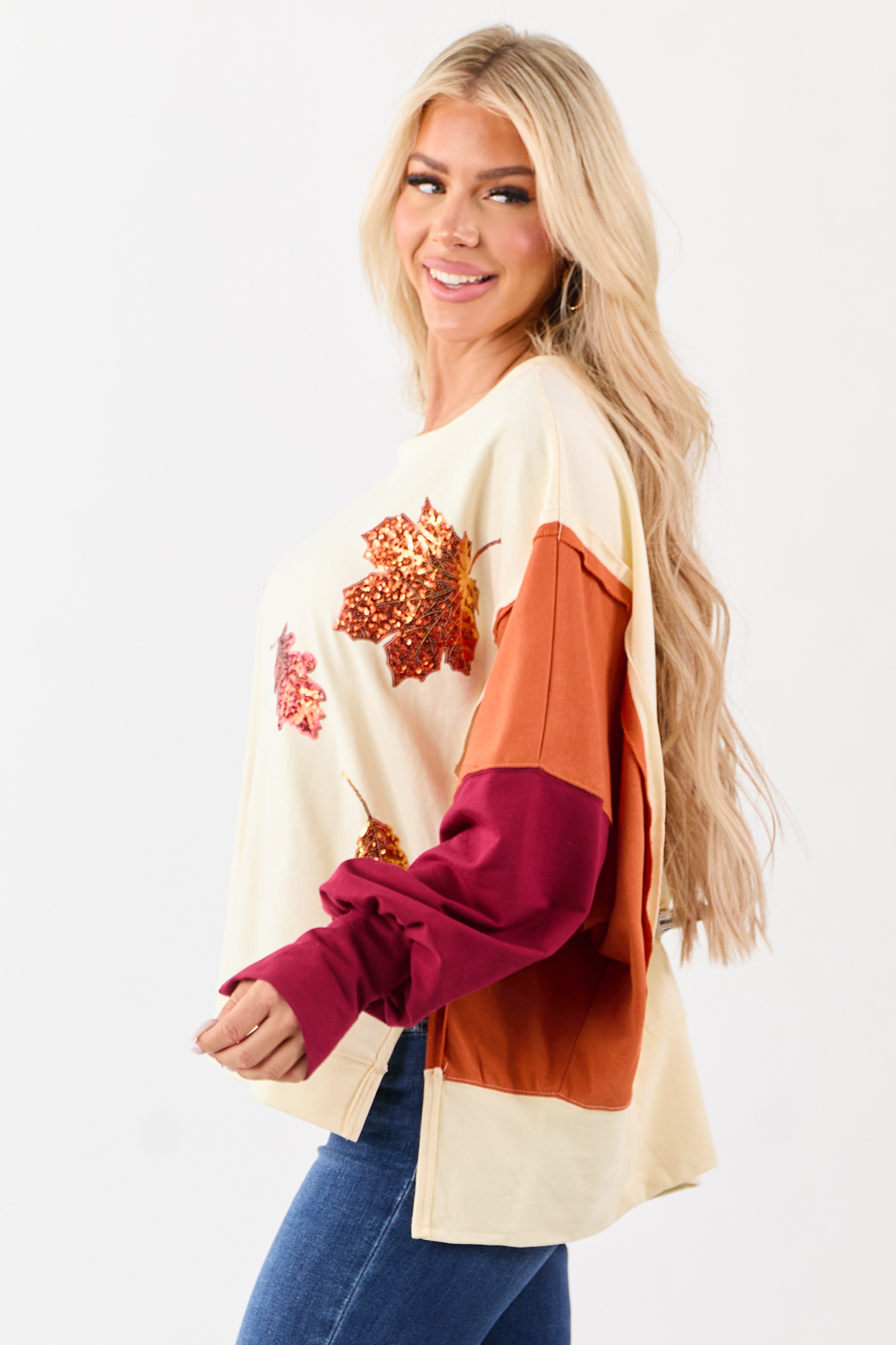 Cream Colorblock Sequin Fall Leaves Cotton Sweatshirt