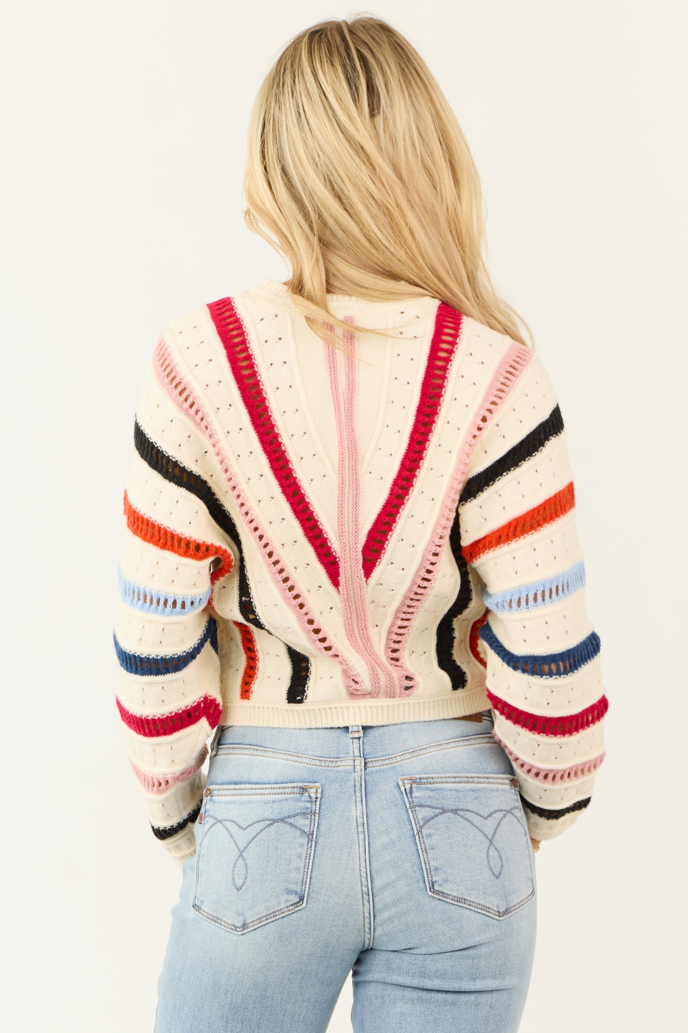Cream Colorful Stripe Pointelle Knit Sweater