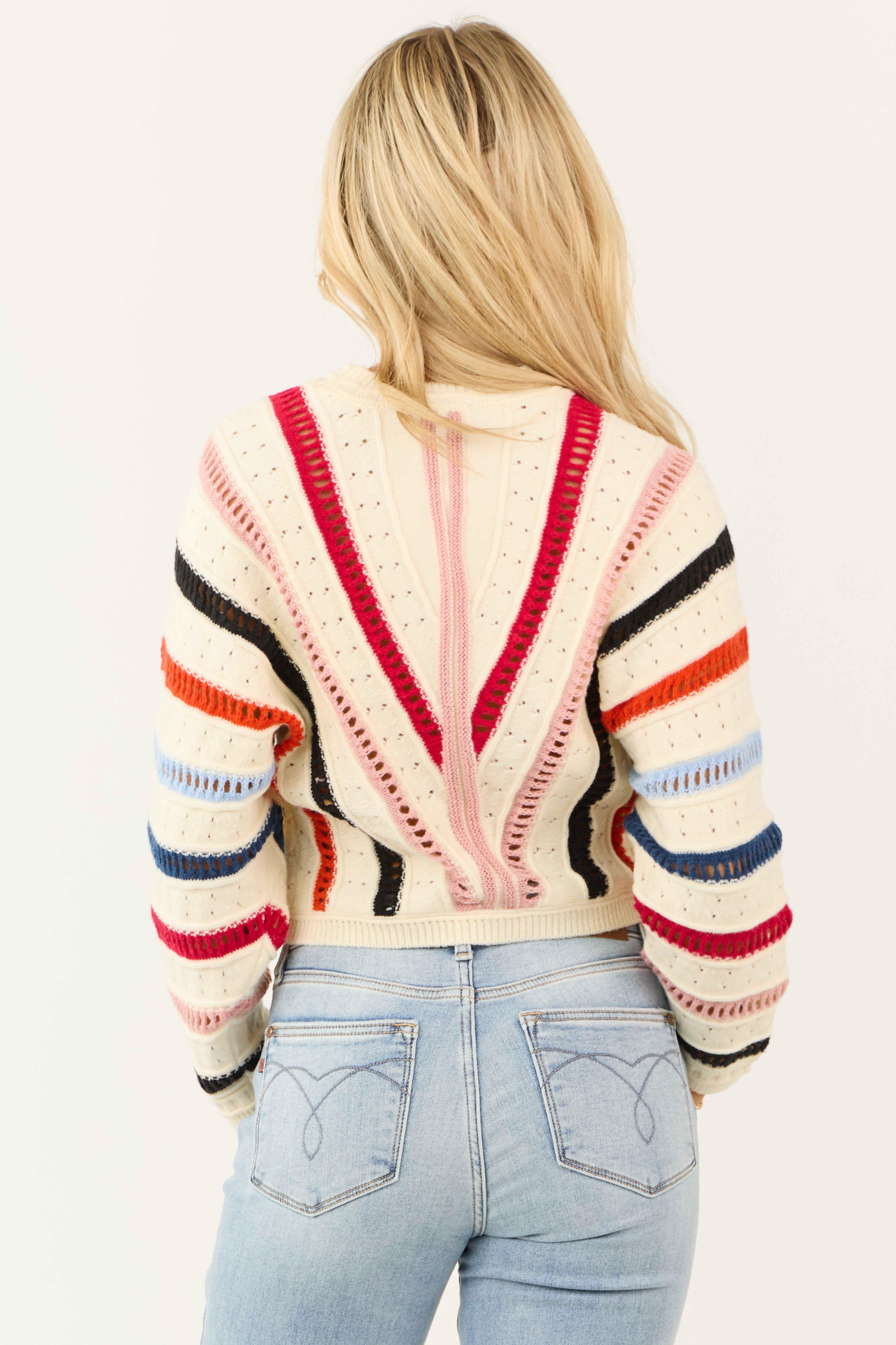 Cream Colorful Stripe Pointelle Knit Sweater