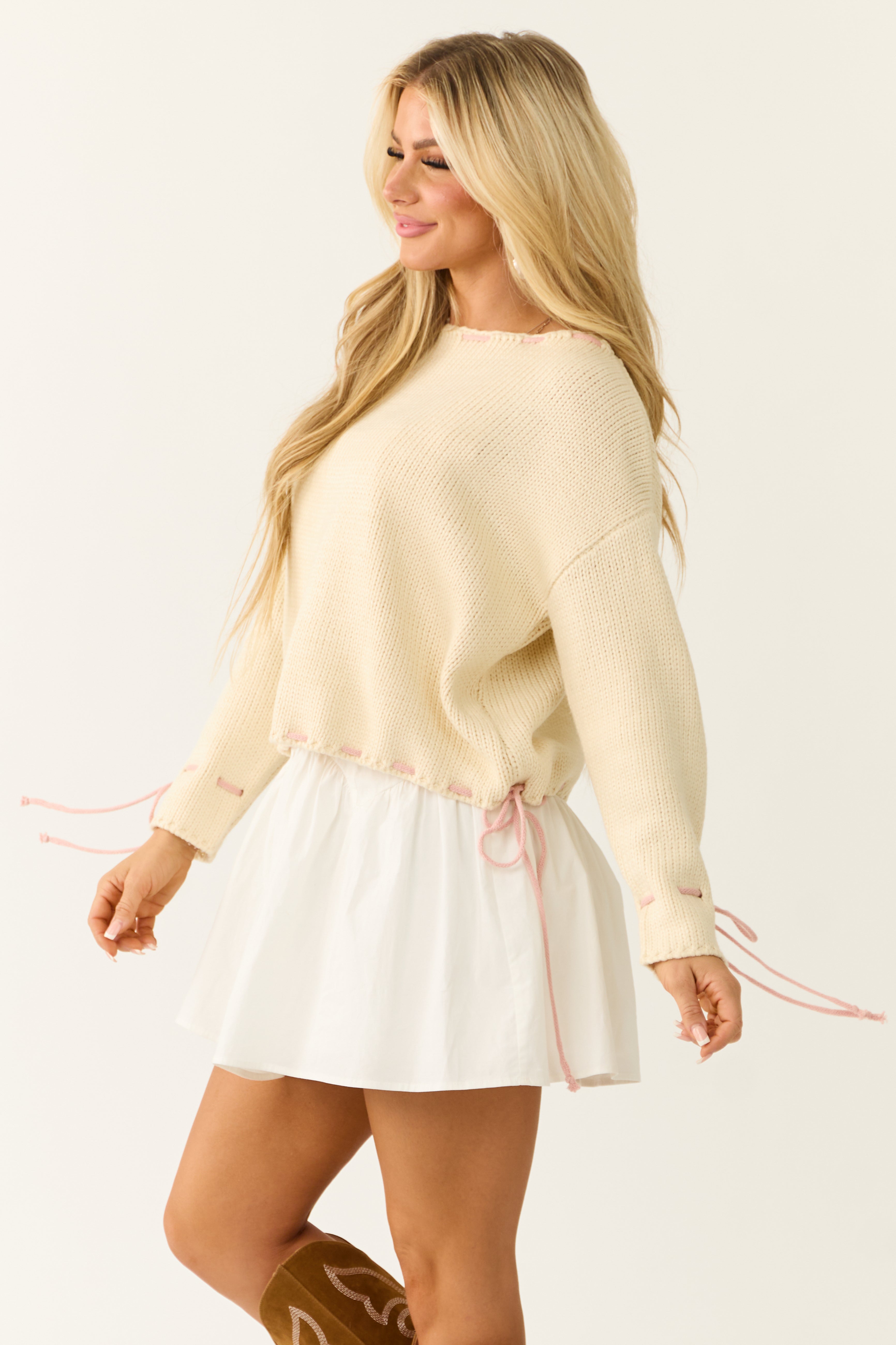Cream Contrast Cinched Thread Knit Sweater
