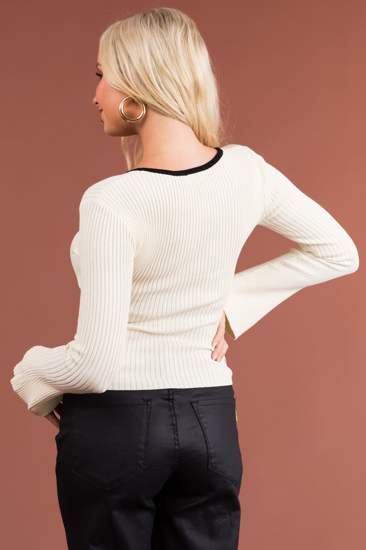 Cream Contrast Neckline Fitted Ribbed Knit Top