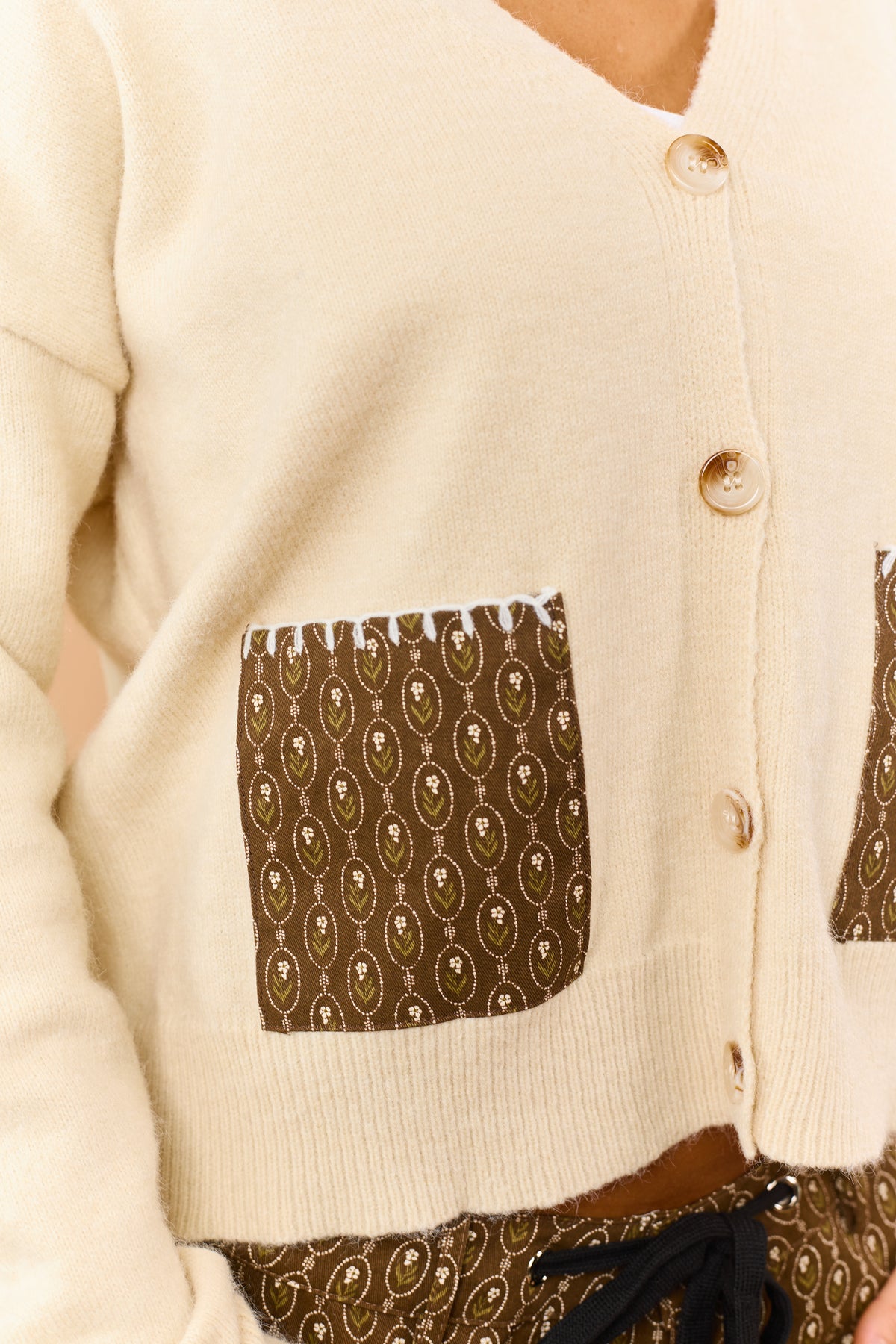 Cream Contrast Patch Pocket Sweater Cardigan