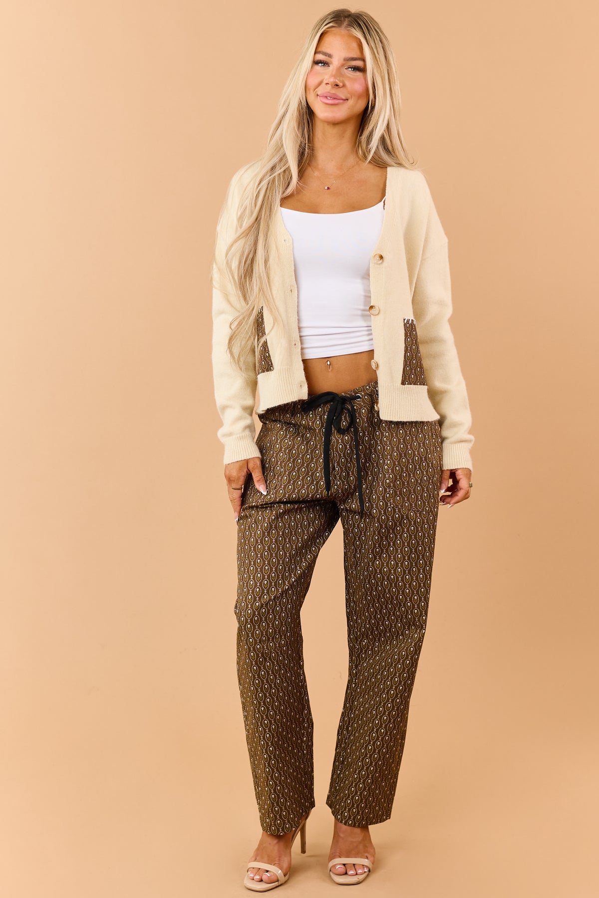 Cream Contrast Patch Pocket Sweater Cardigan
