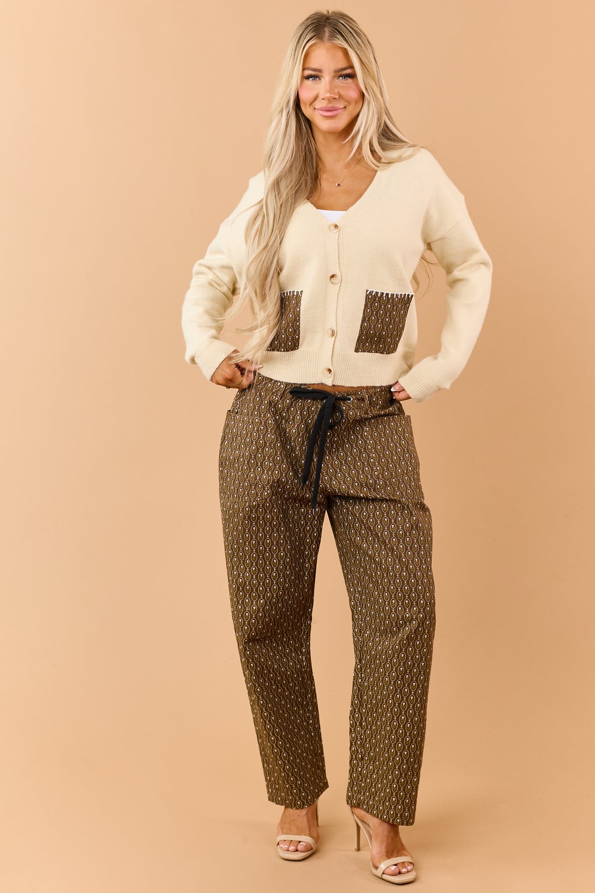 Cream Contrast Patch Pocket Sweater Cardigan