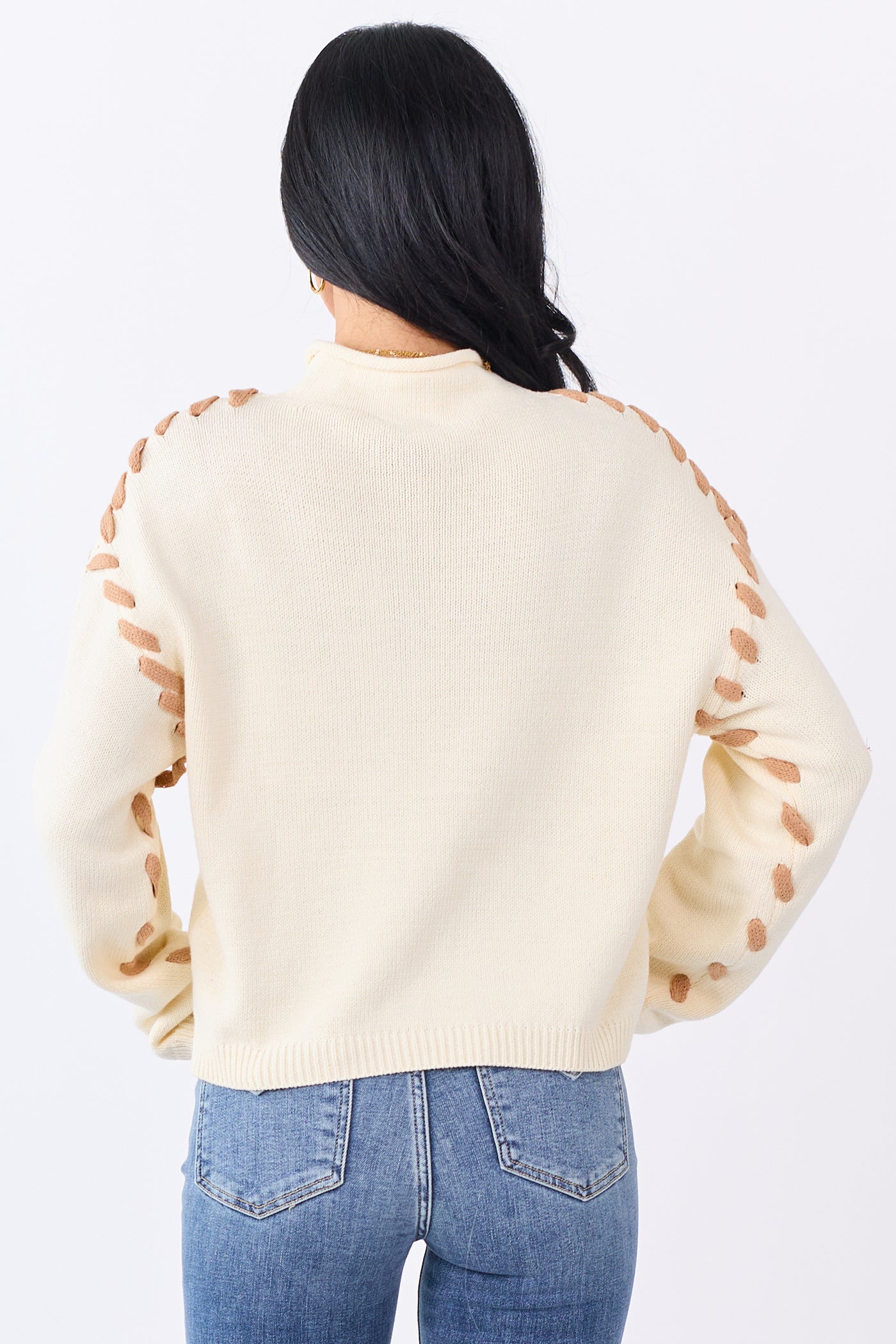 Cream Contrast Stitch Mock Neck Sweater