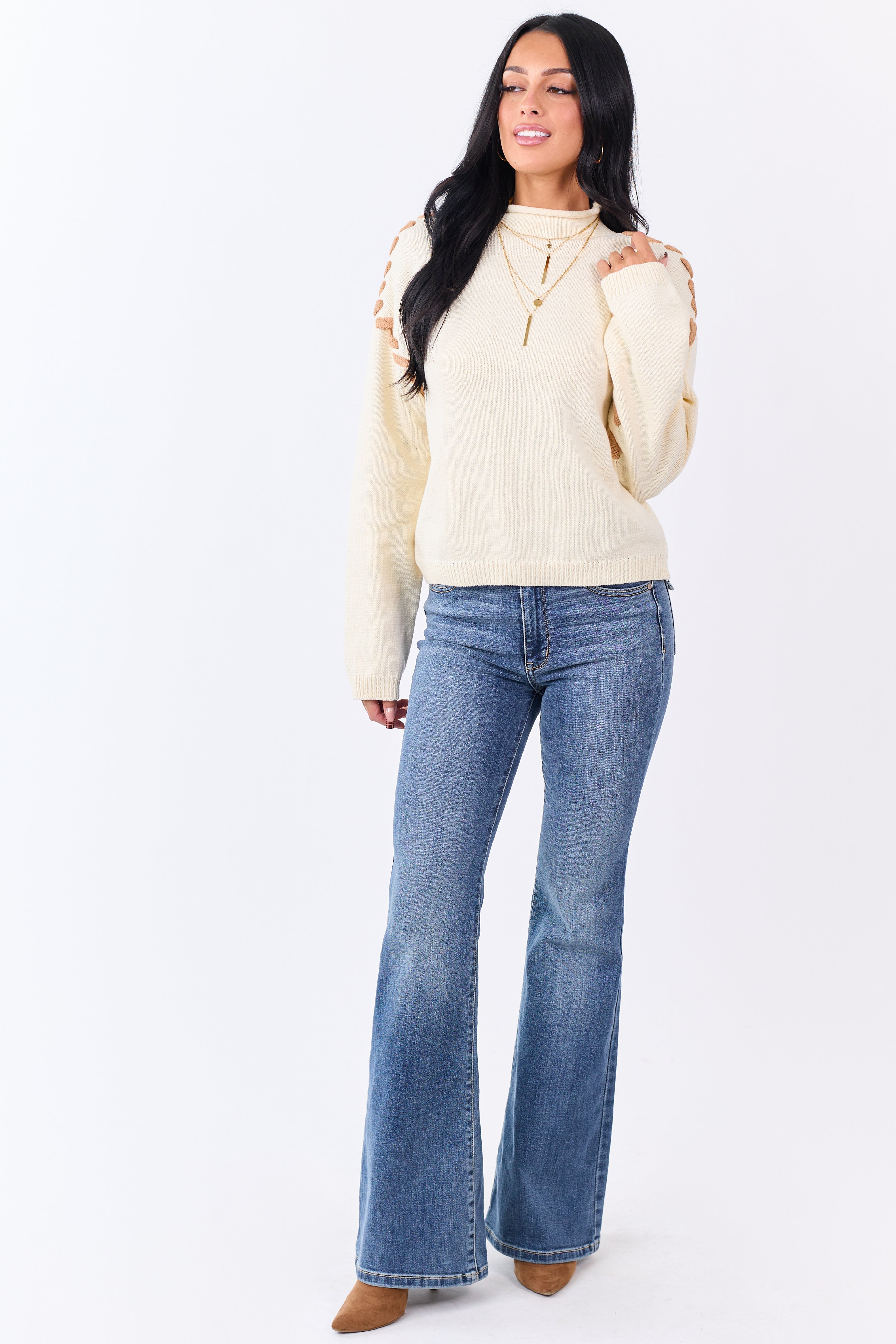 Cream Contrast Stitch Mock Neck Sweater