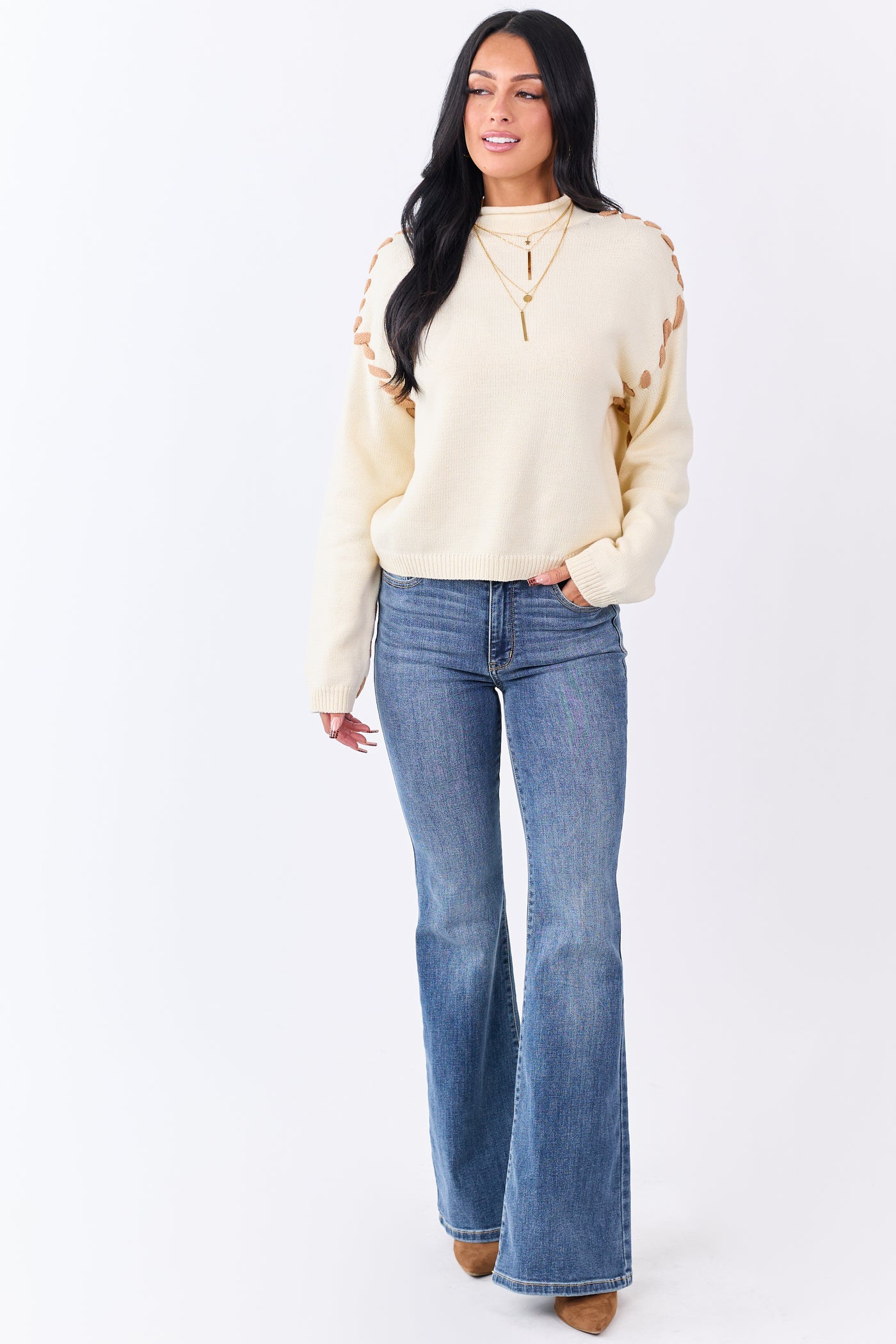 Cream Contrast Stitch Mock Neck Sweater