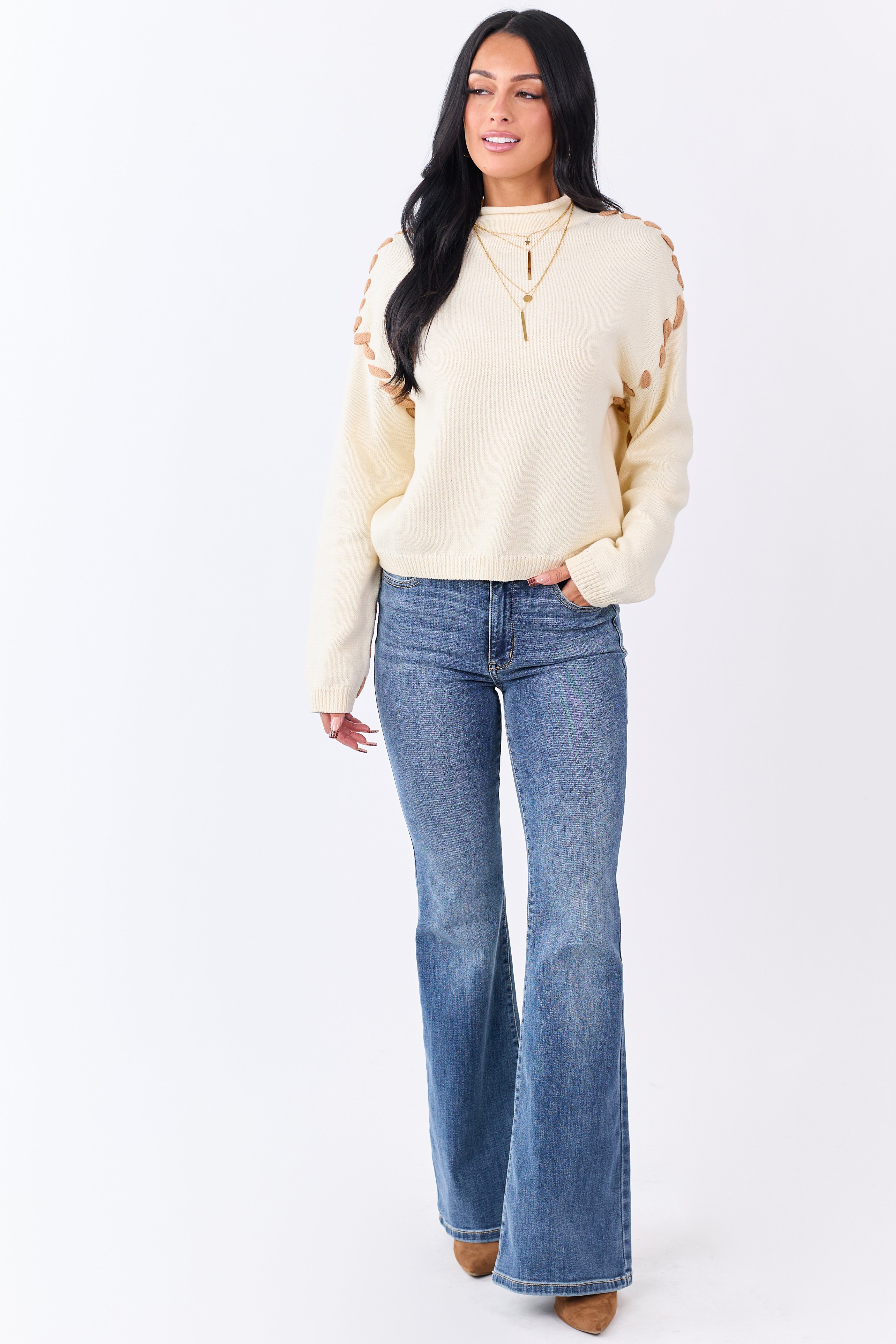Cream Contrast Stitch Mock Neck Sweater