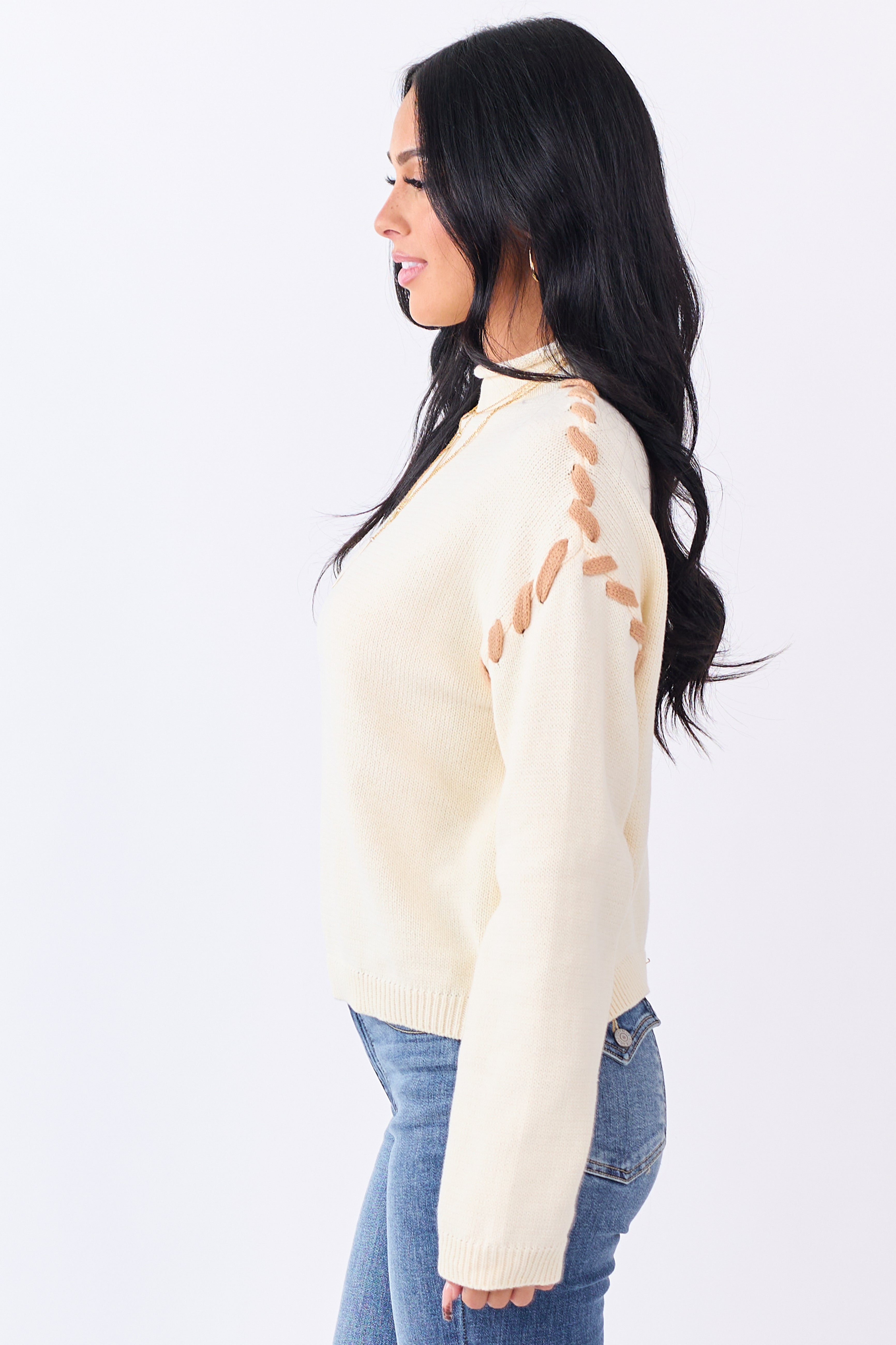 Cream Contrast Stitch Mock Neck Sweater