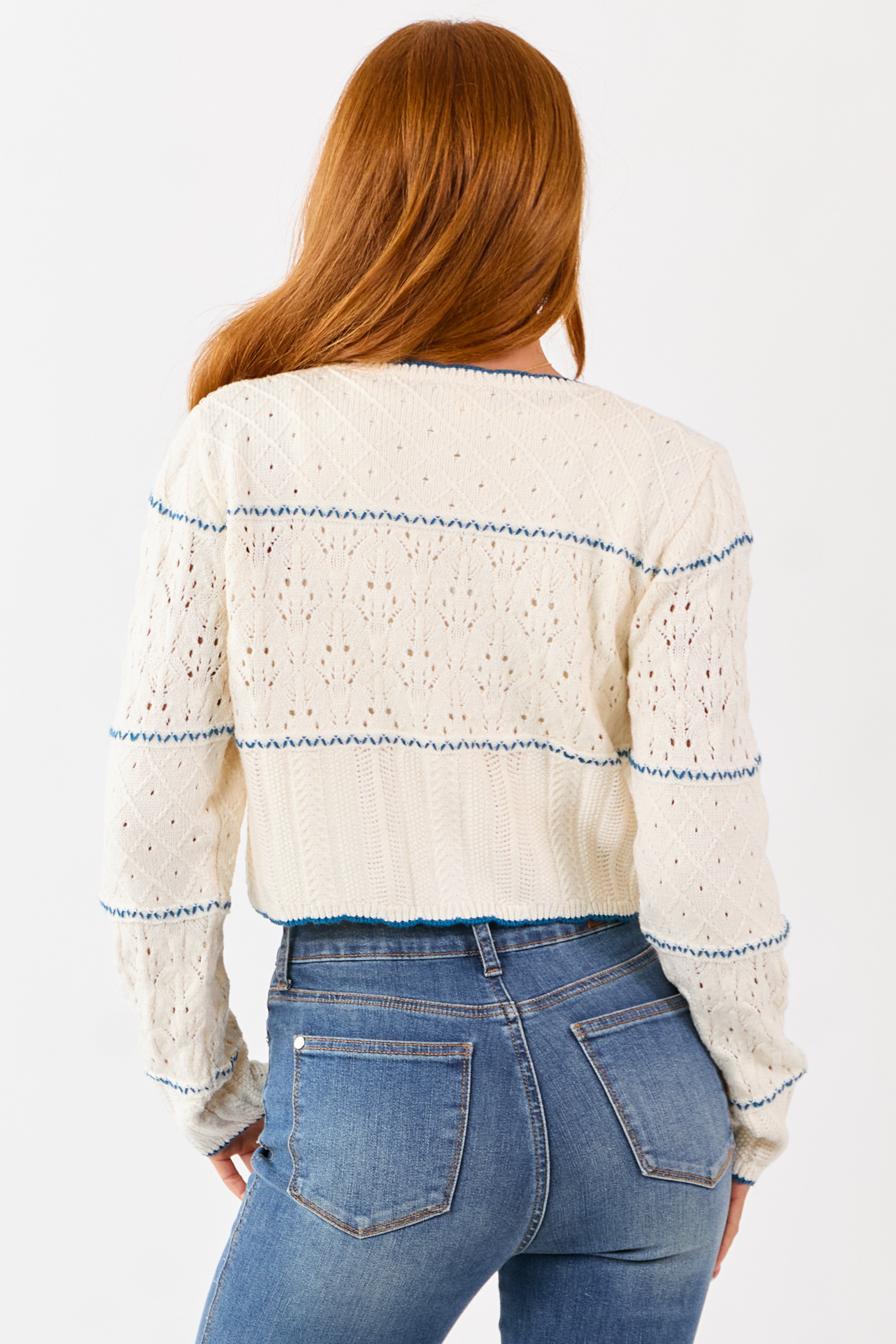 Cream Contrast Stitch Pointelle Button Up Cardigan