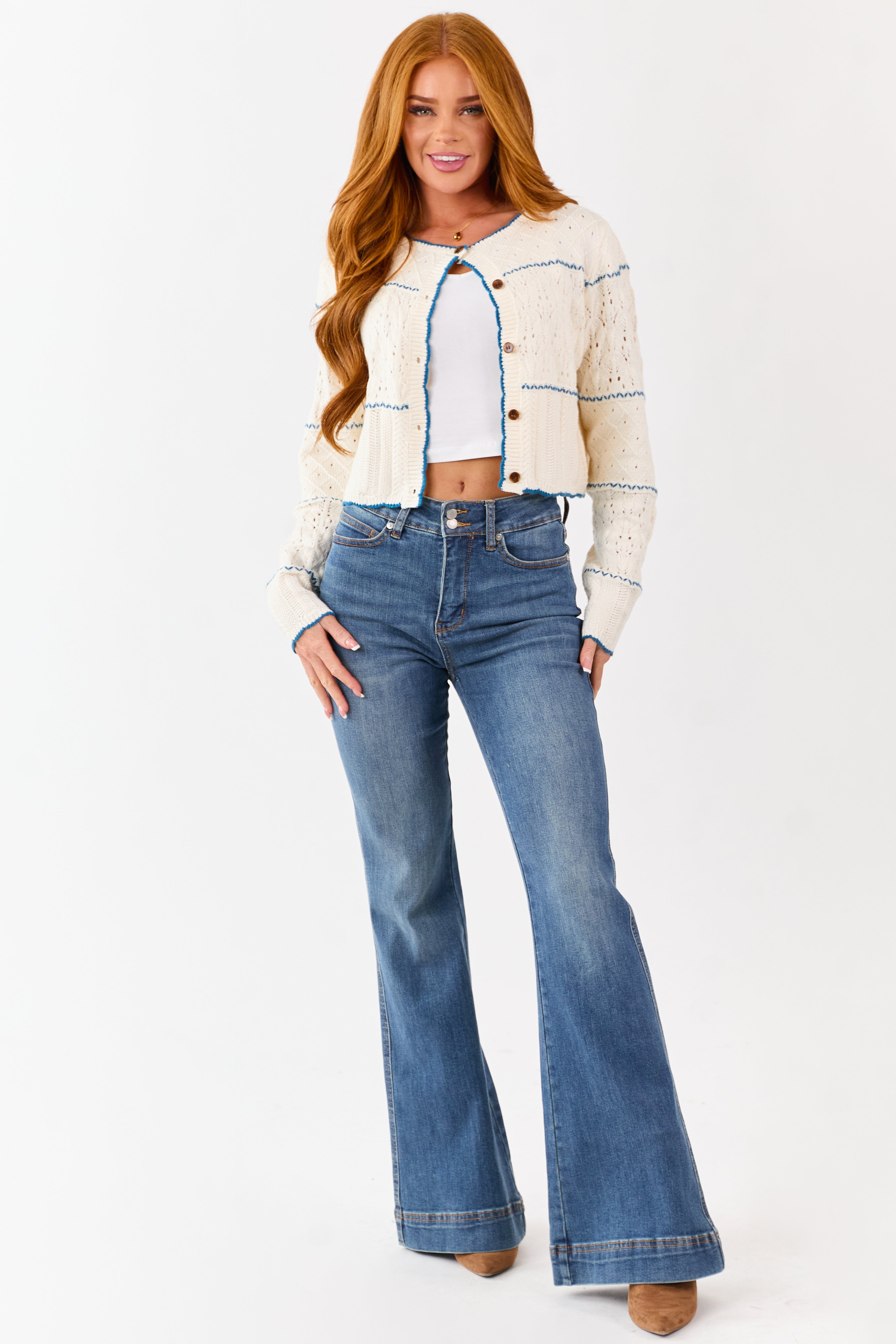 Cream Contrast Stitch Pointelle Button Up Cardigan