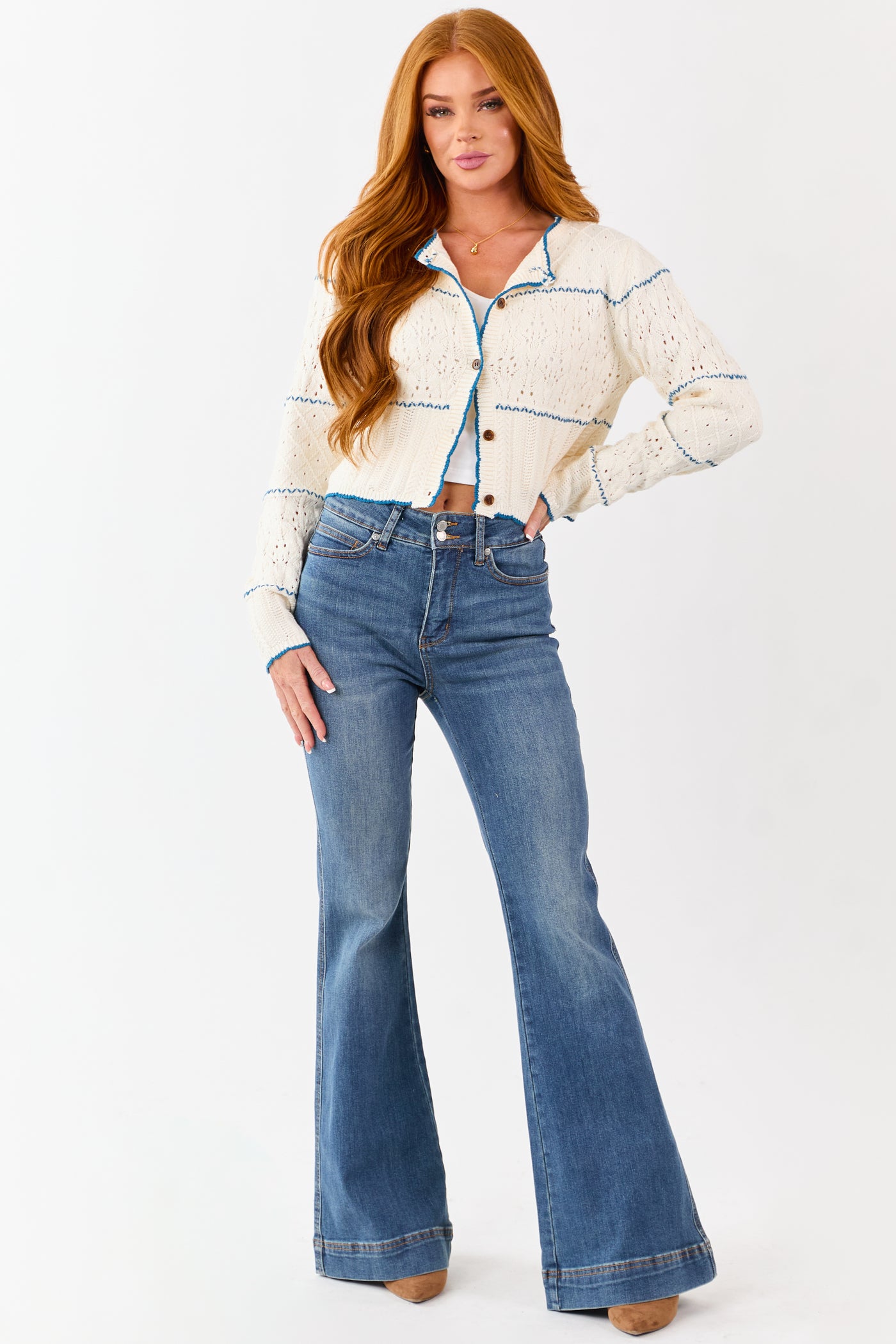 Cream Contrast Stitch Pointelle Button Up Cardigan