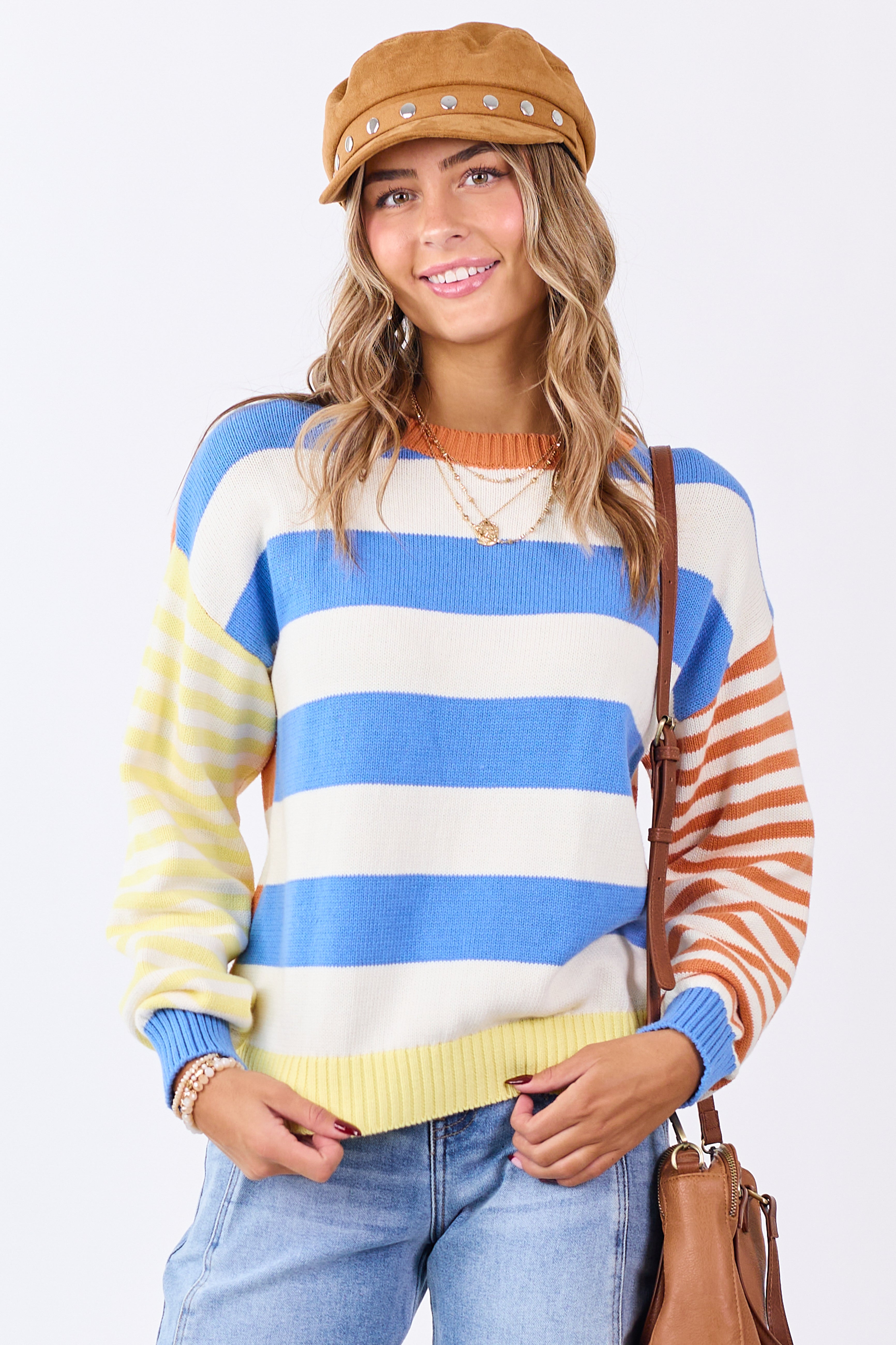 Cream Contrast Striped Long Sleeve Cotton Sweater