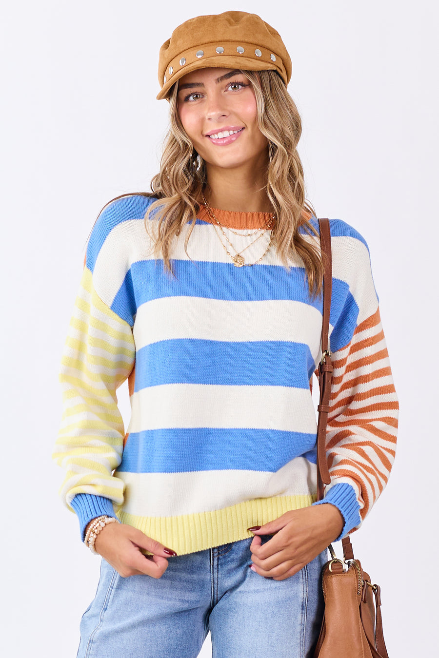 Cream Contrast Striped Long Sleeve Cotton Sweater
