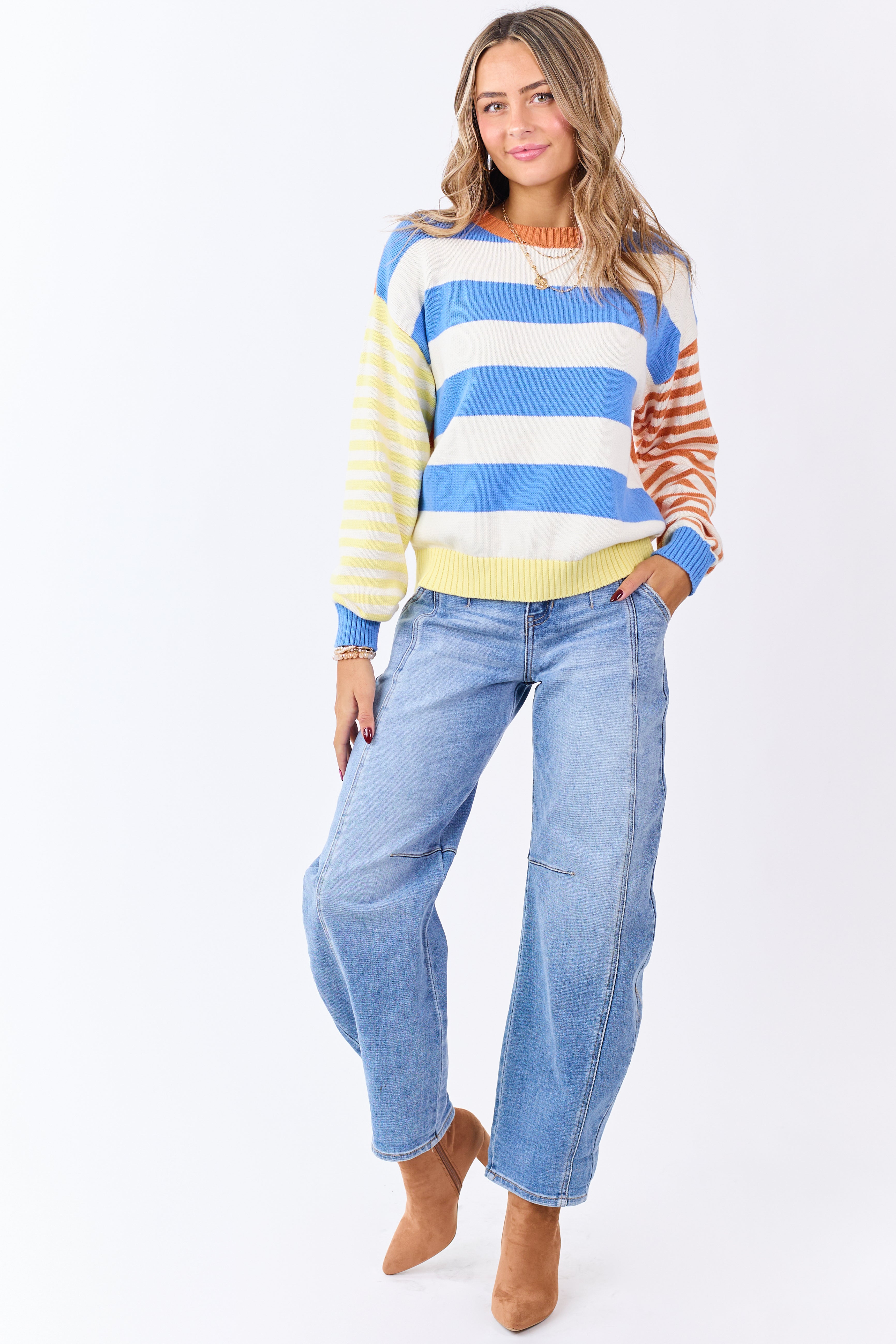 Cream Contrast Striped Long Sleeve Cotton Sweater