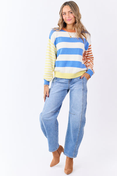 Cream Contrast Striped Long Sleeve Cotton Sweater