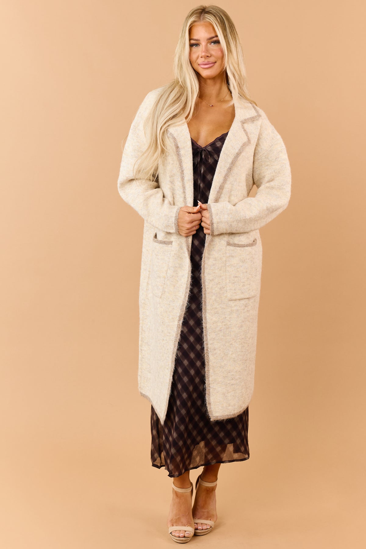 Cream Contrast Trim Duster Sweater Cardigan
