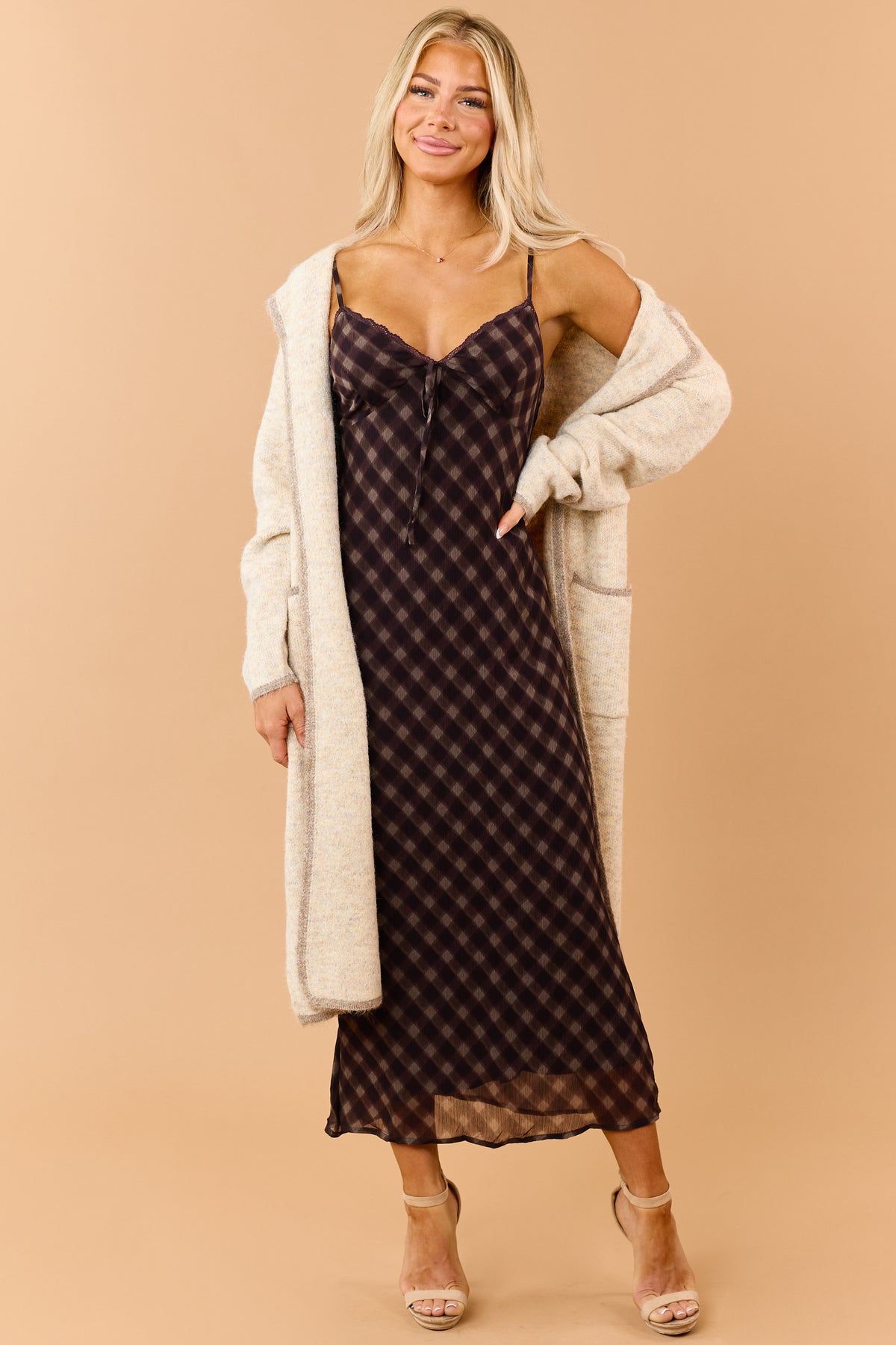 Cream Contrast Trim Duster Sweater Cardigan