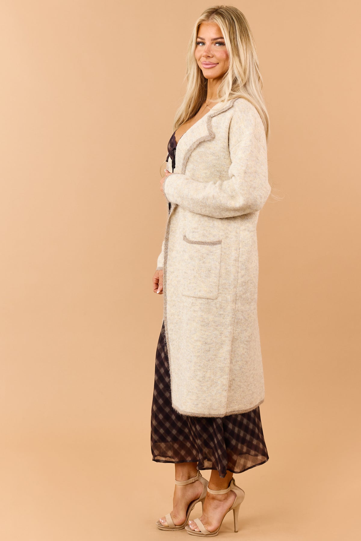 Cream Contrast Trim Duster Sweater Cardigan