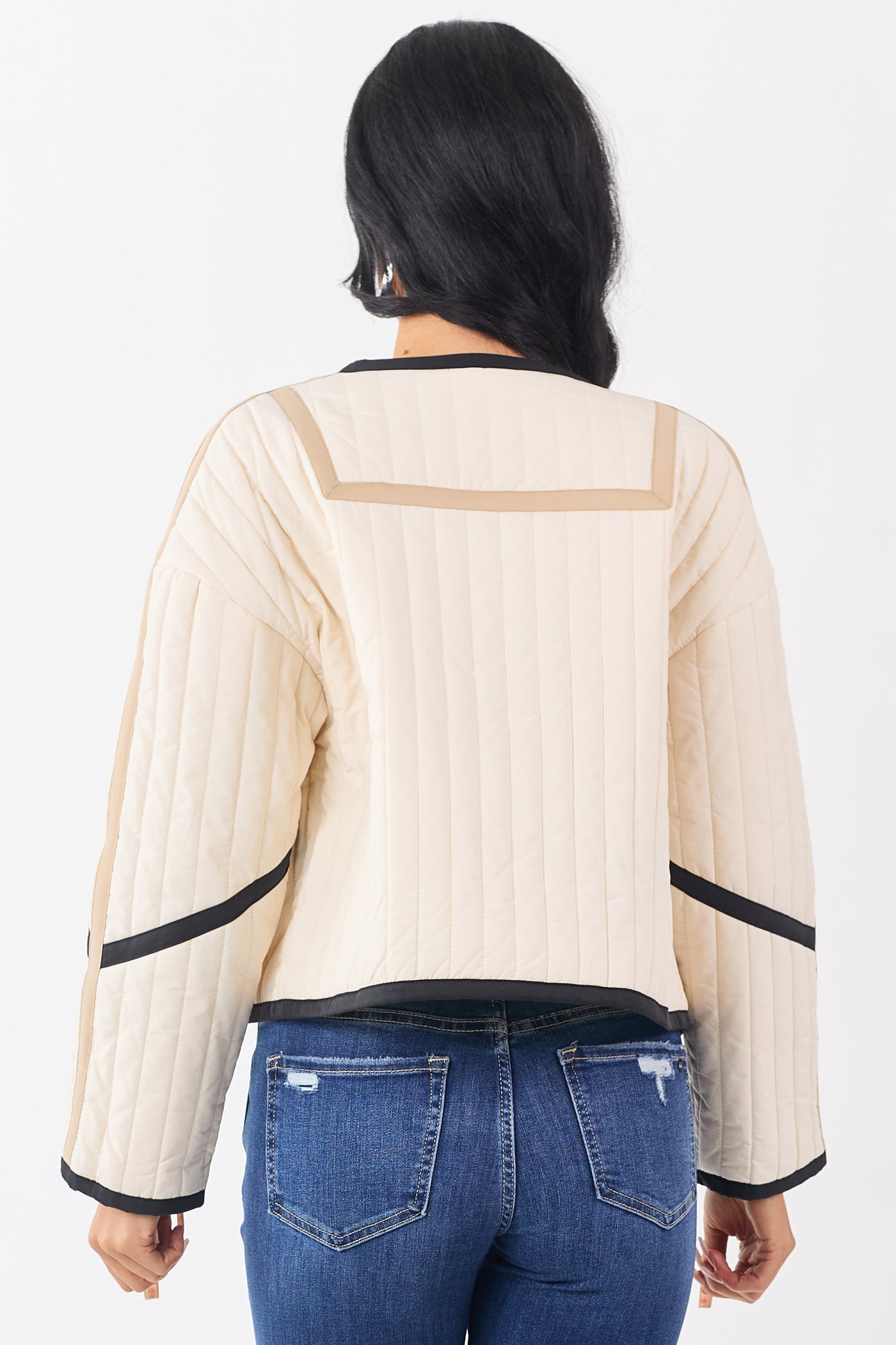 Cream Contrast Trim Quilted Zip Up Jacket