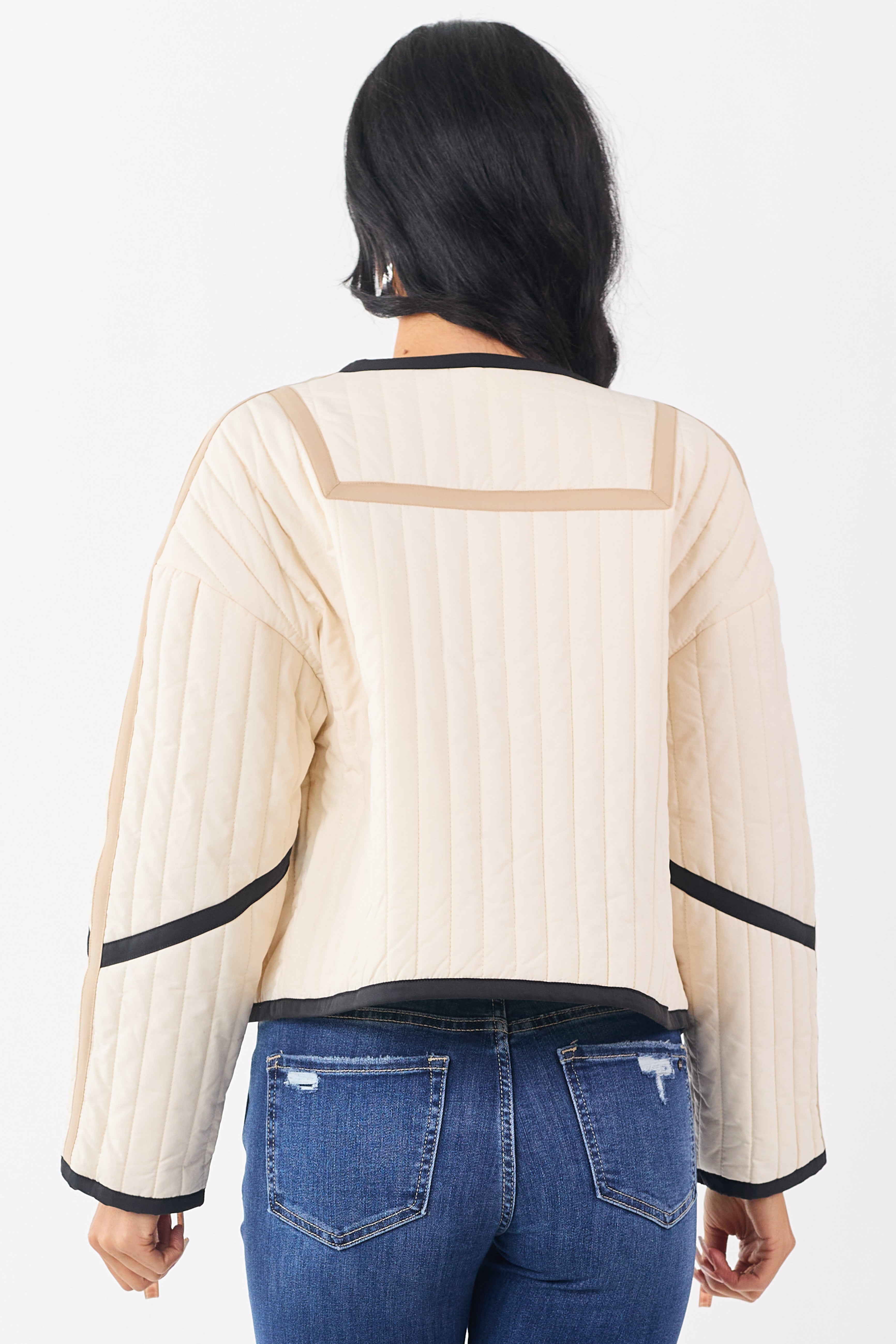 Cream Contrast Trim Quilted Zip Up Jacket