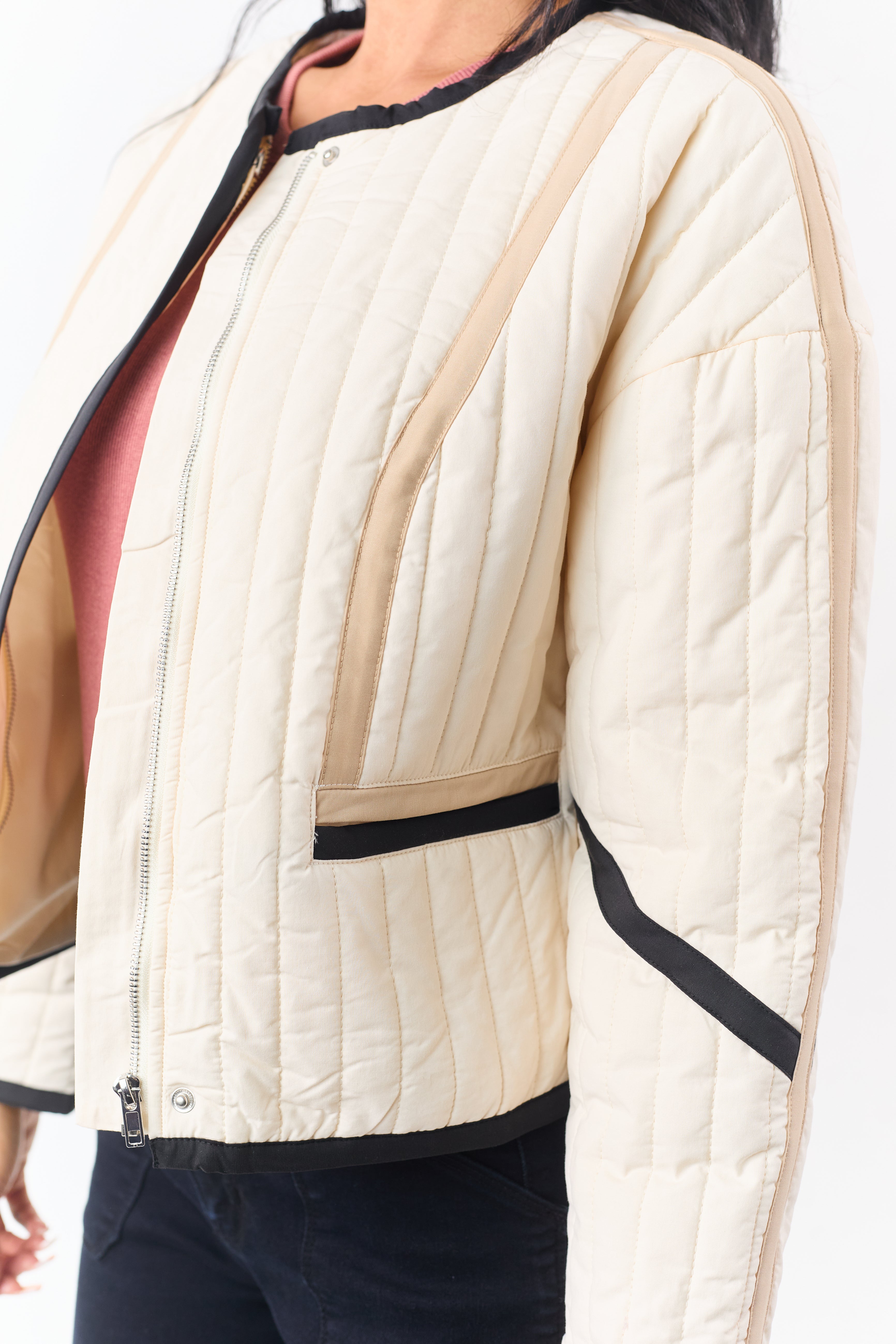 Cream Contrast Trim Quilted Zip Up Jacket