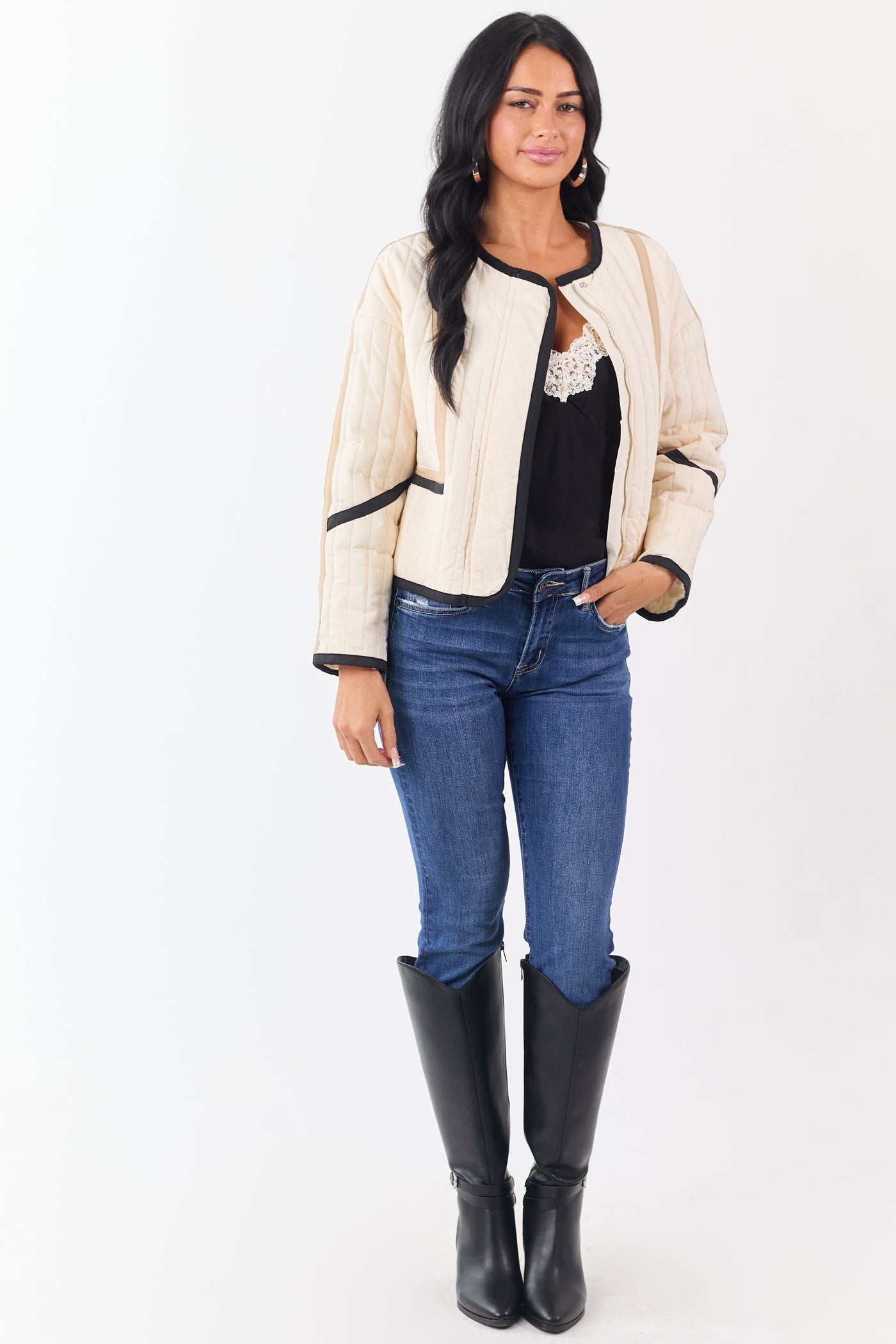 Cream Contrast Trim Quilted Zip Up Jacket