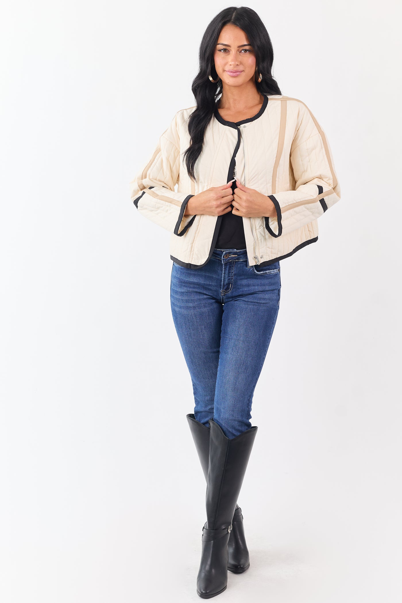 Cream Contrast Trim Quilted Zip Up Jacket