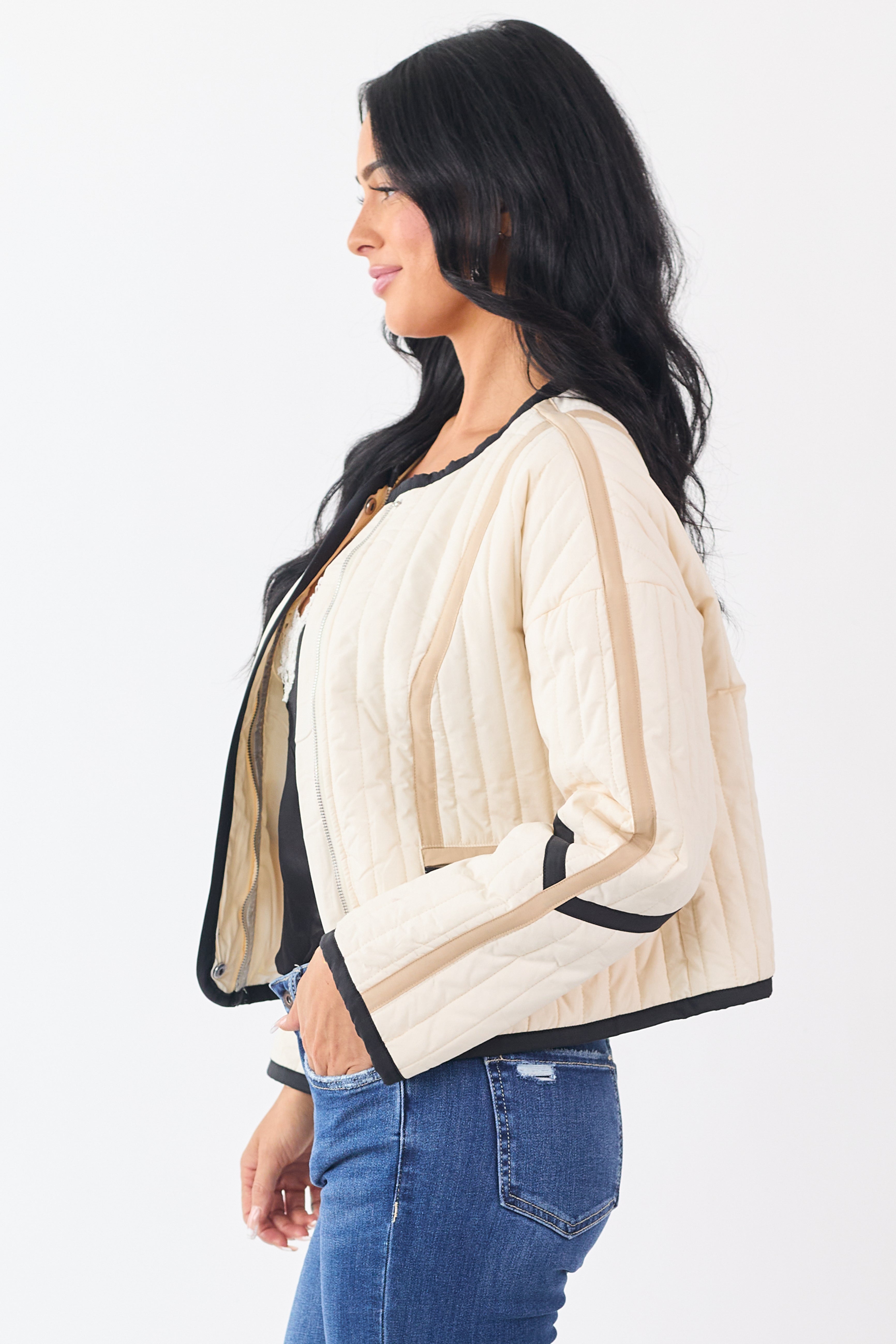 Cream Contrast Trim Quilted Zip Up Jacket