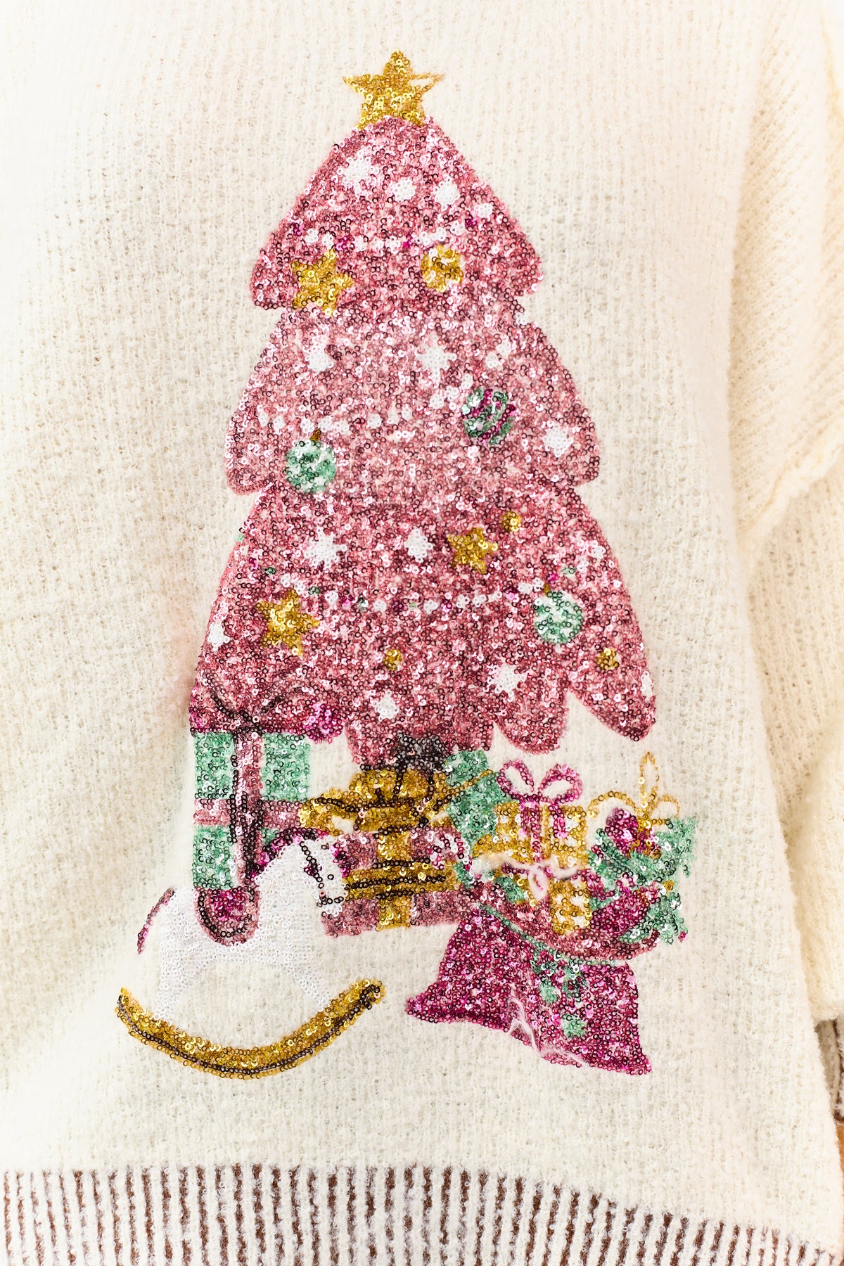 Cream Contrast Trim Sequin Christmas Tree Sweater