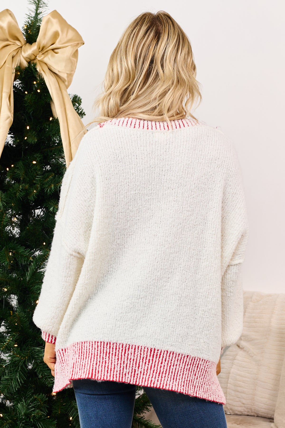 Cream Contrast Trim Sequin Santa Fuzzy Sweater