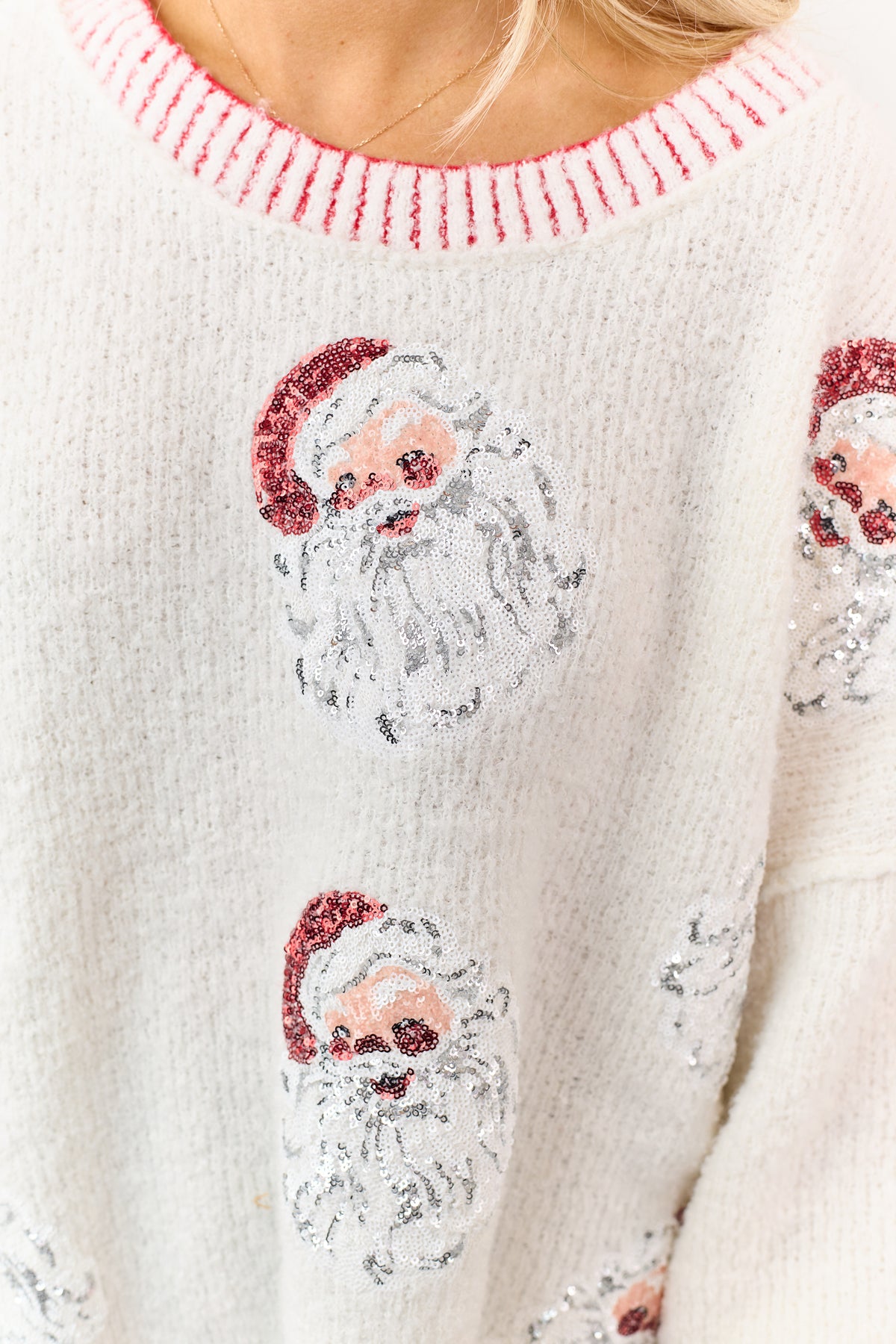 Cream Contrast Trim Sequin Santa Fuzzy Sweater