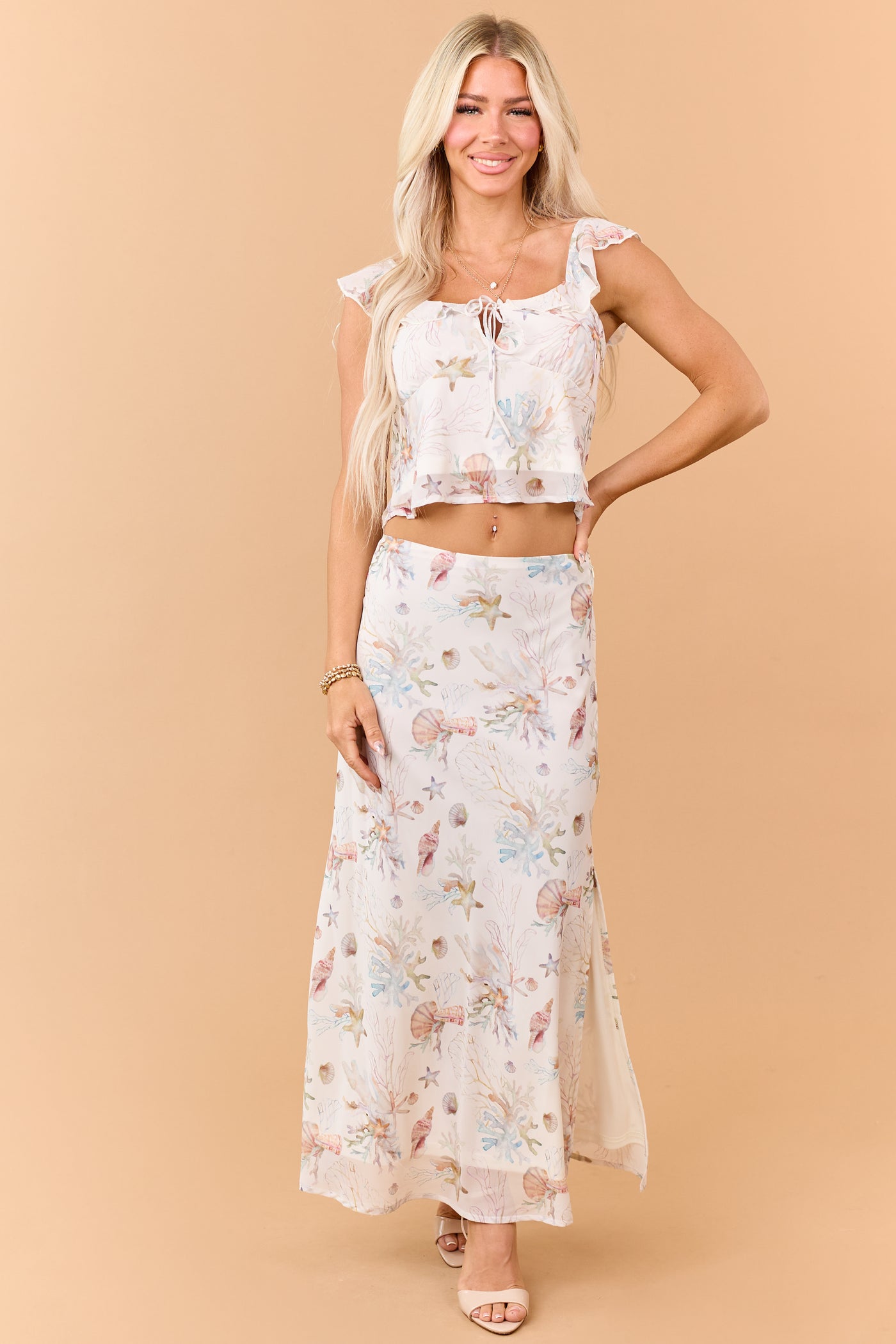 Cream Coral Reef Print Chiffon Side Slit Maxi Skirt