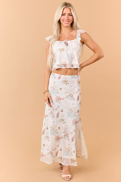 Cream Coral Reef Print Chiffon Side Slit Maxi Skirt