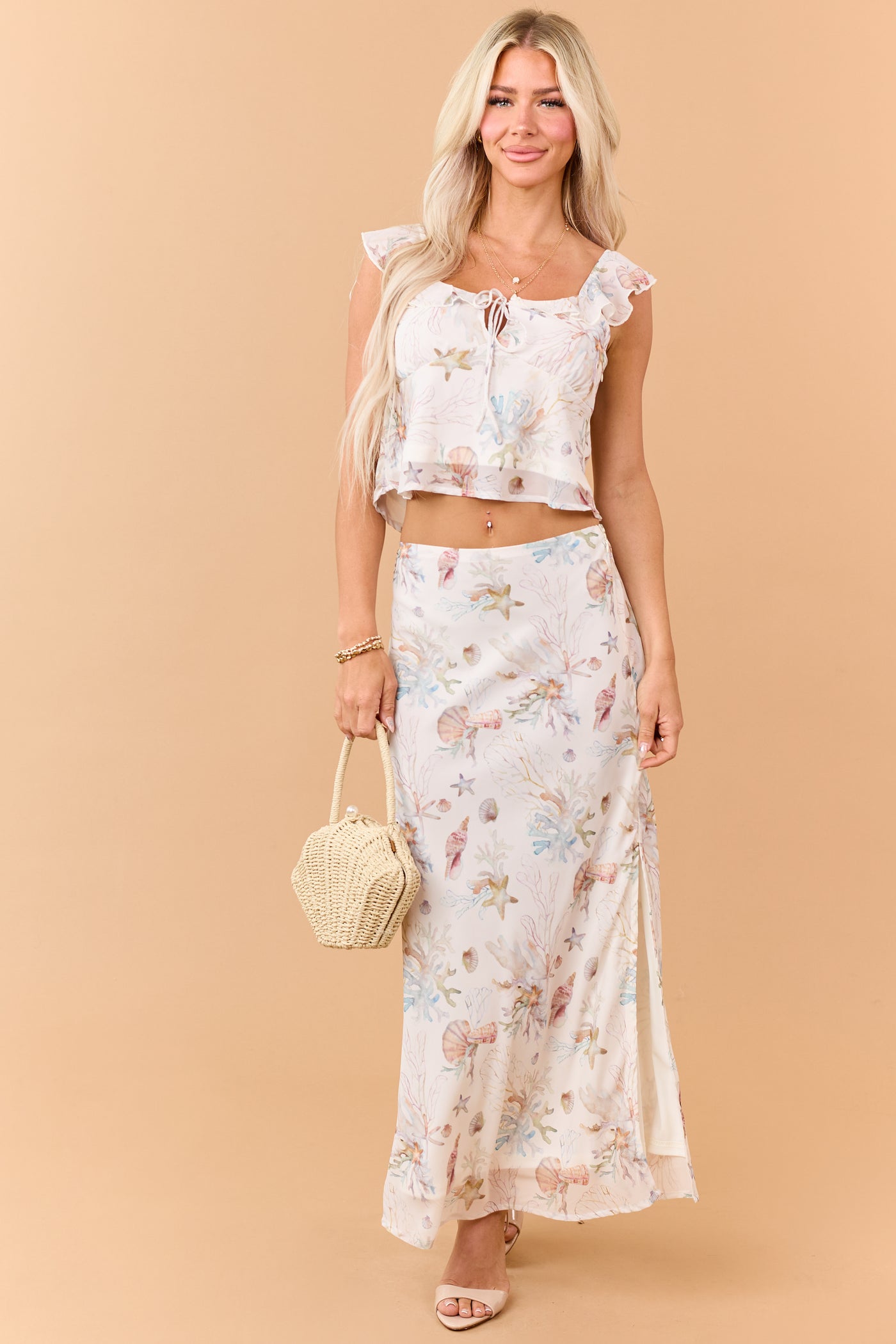 Cream Coral Reef Print Chiffon Side Slit Maxi Skirt