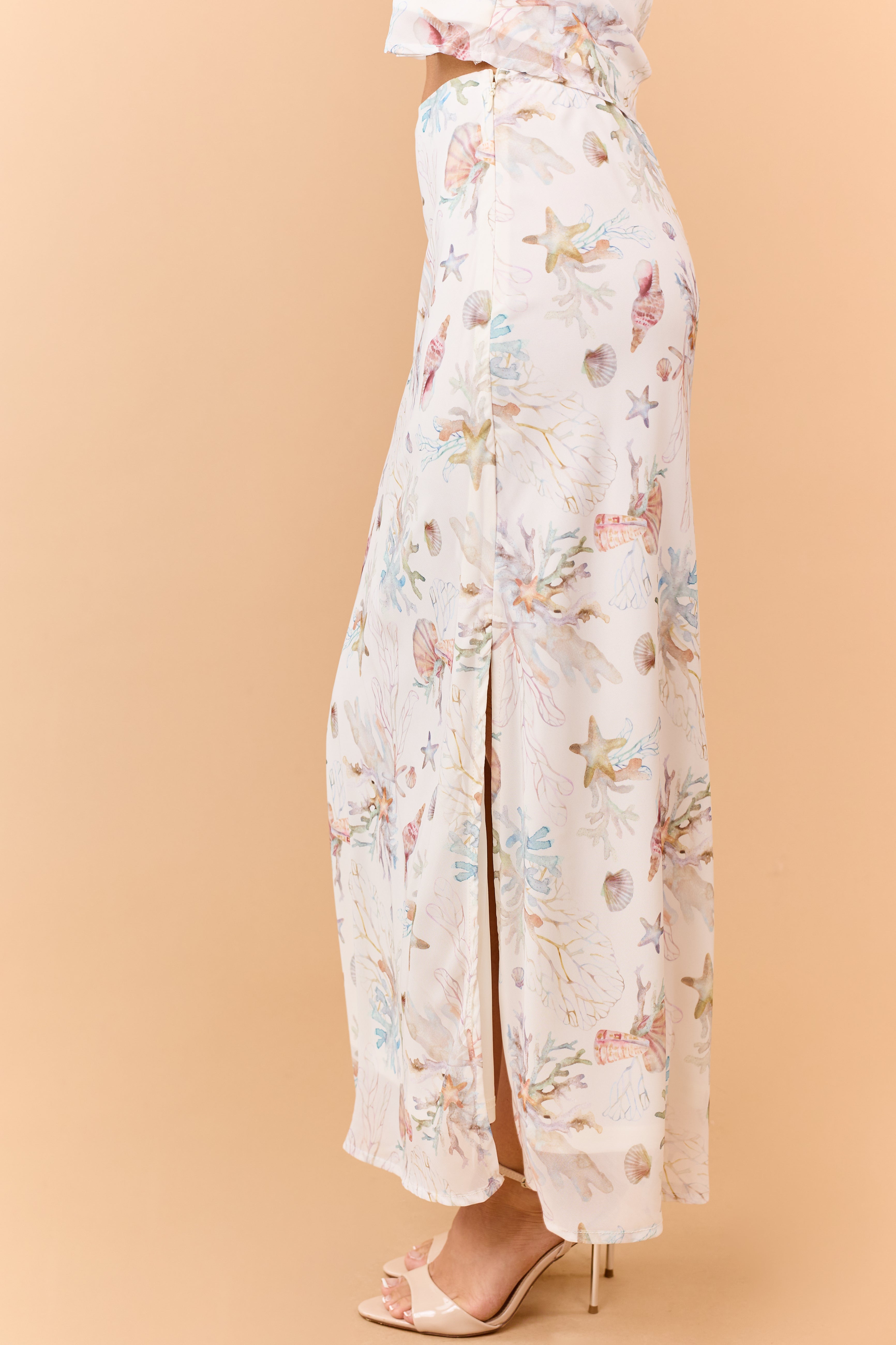 Cream Coral Reef Print Chiffon Side Slit Maxi Skirt