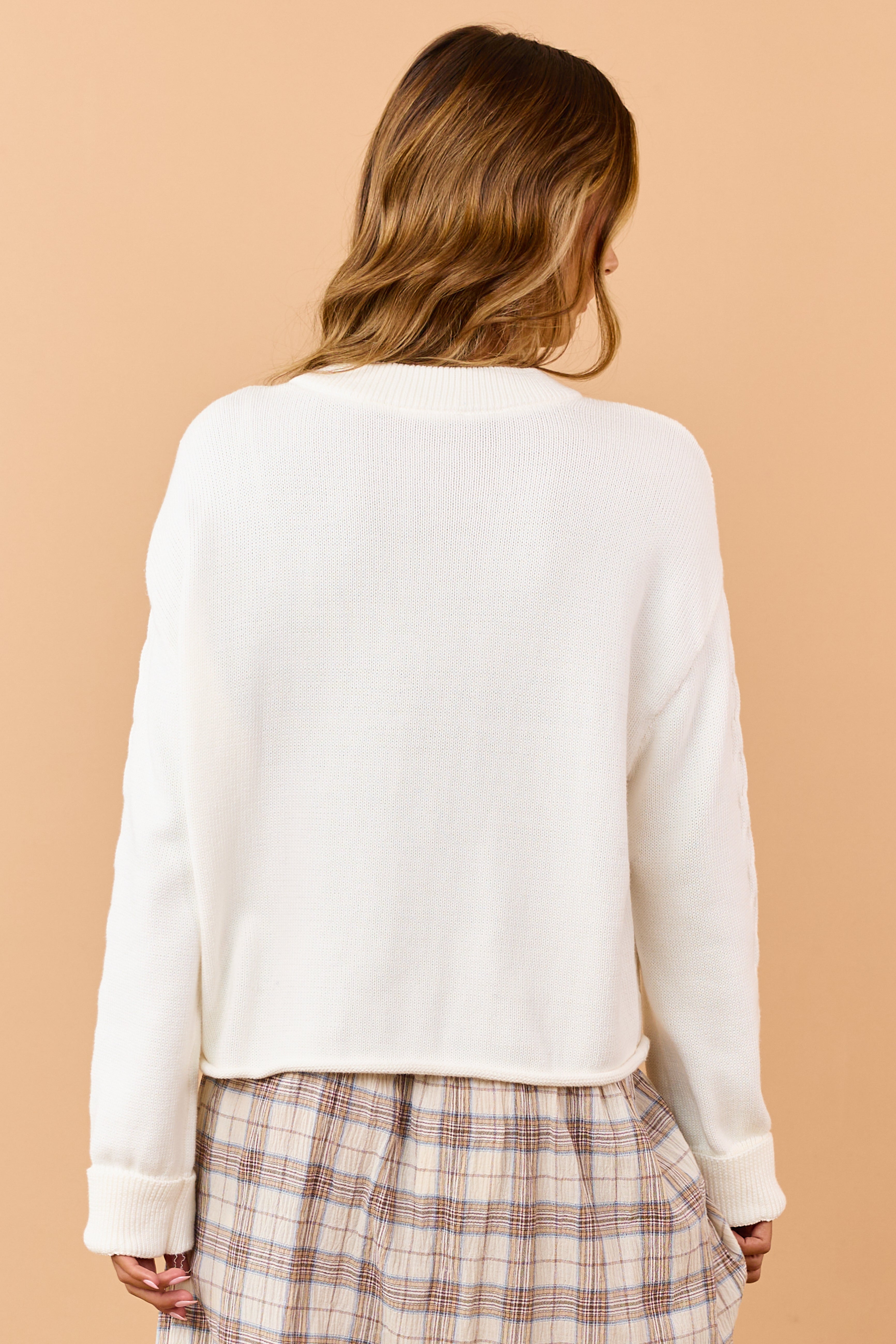 Cream Cotton Cable Knit Half Button Down Sweater