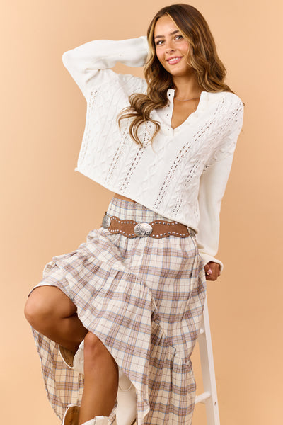 Cream Cotton Cable Knit Half Button Down Sweater
