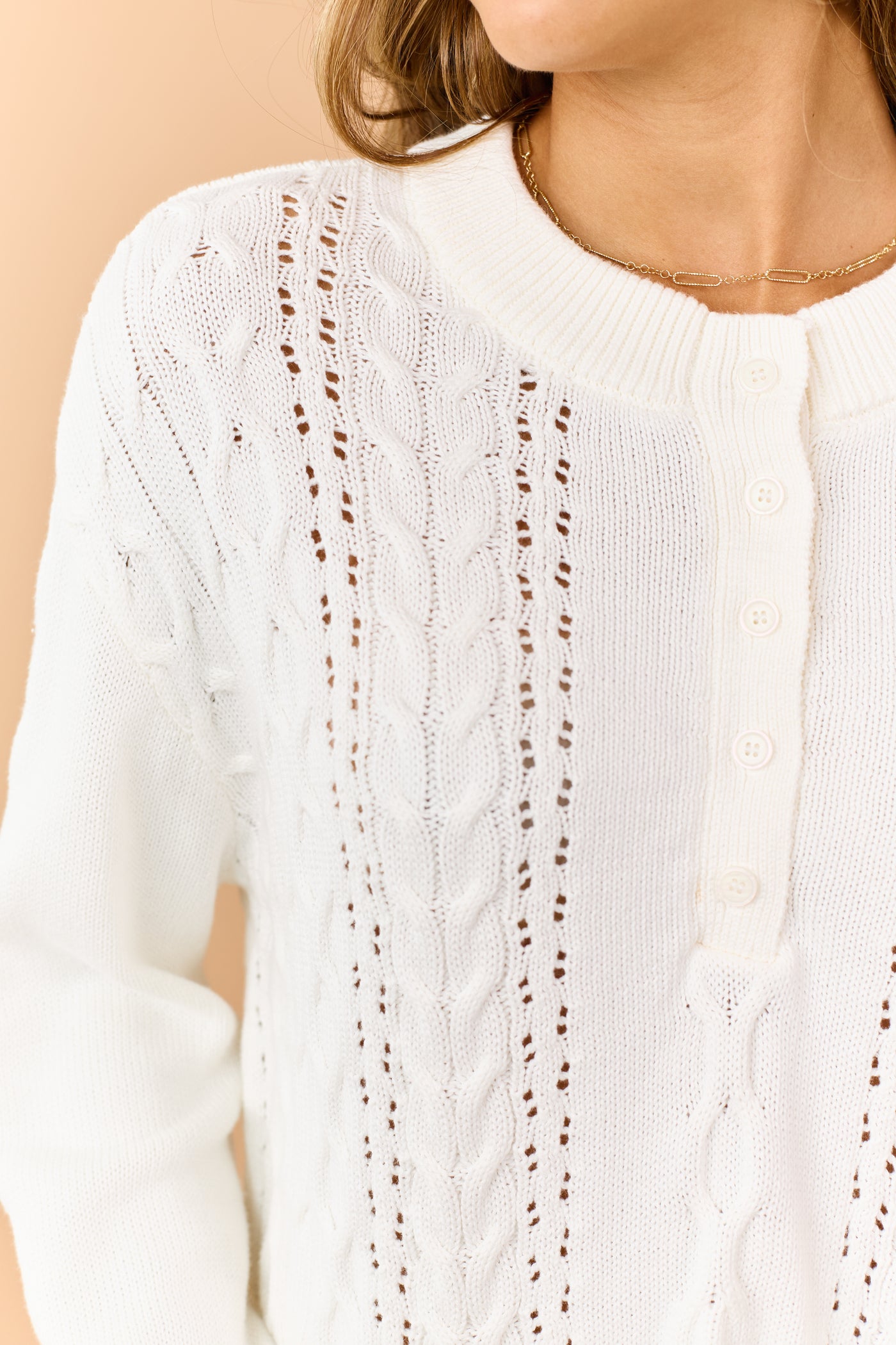 Cream Cotton Cable Knit Half Button Down Sweater