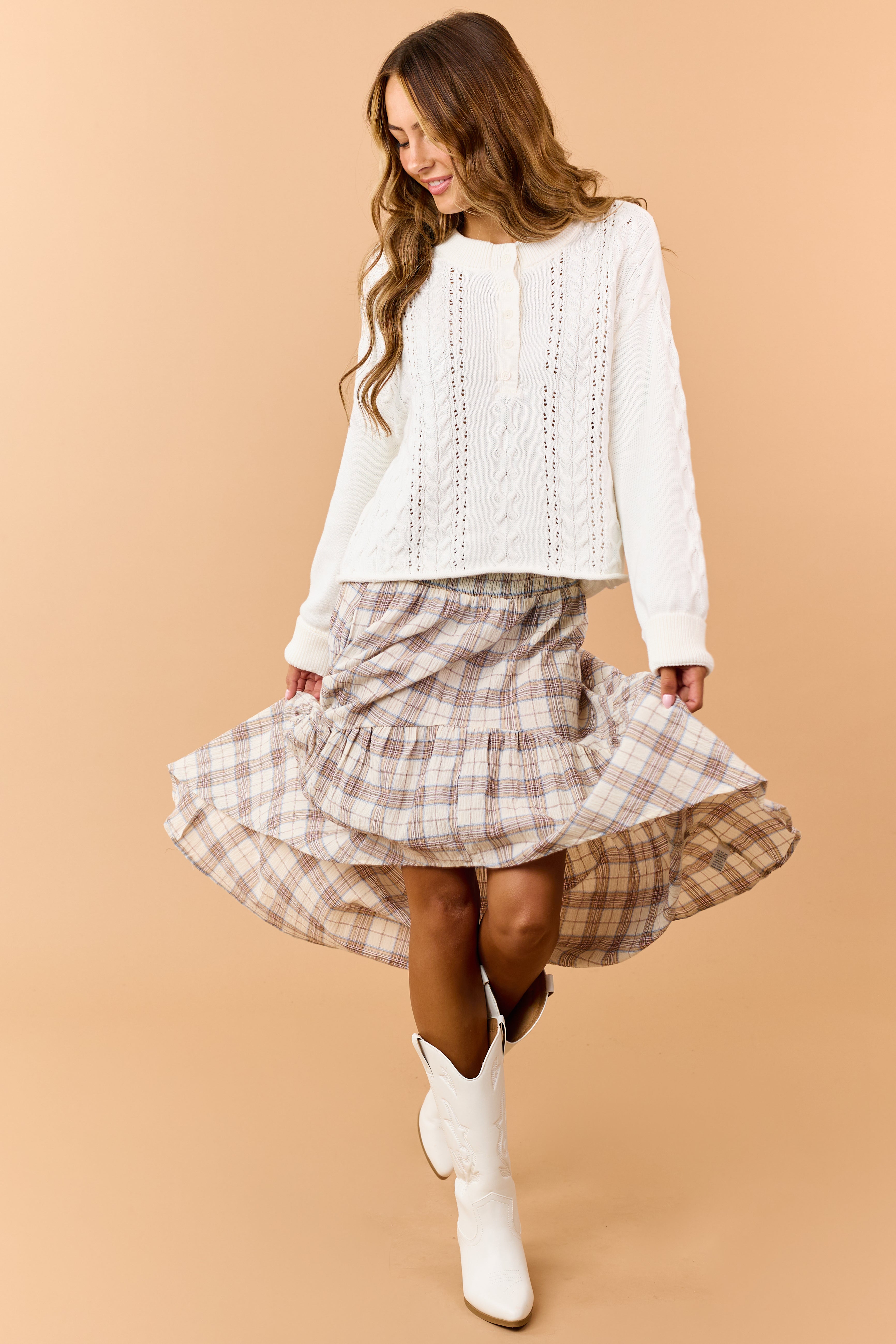 Cream Cotton Cable Knit Half Button Down Sweater