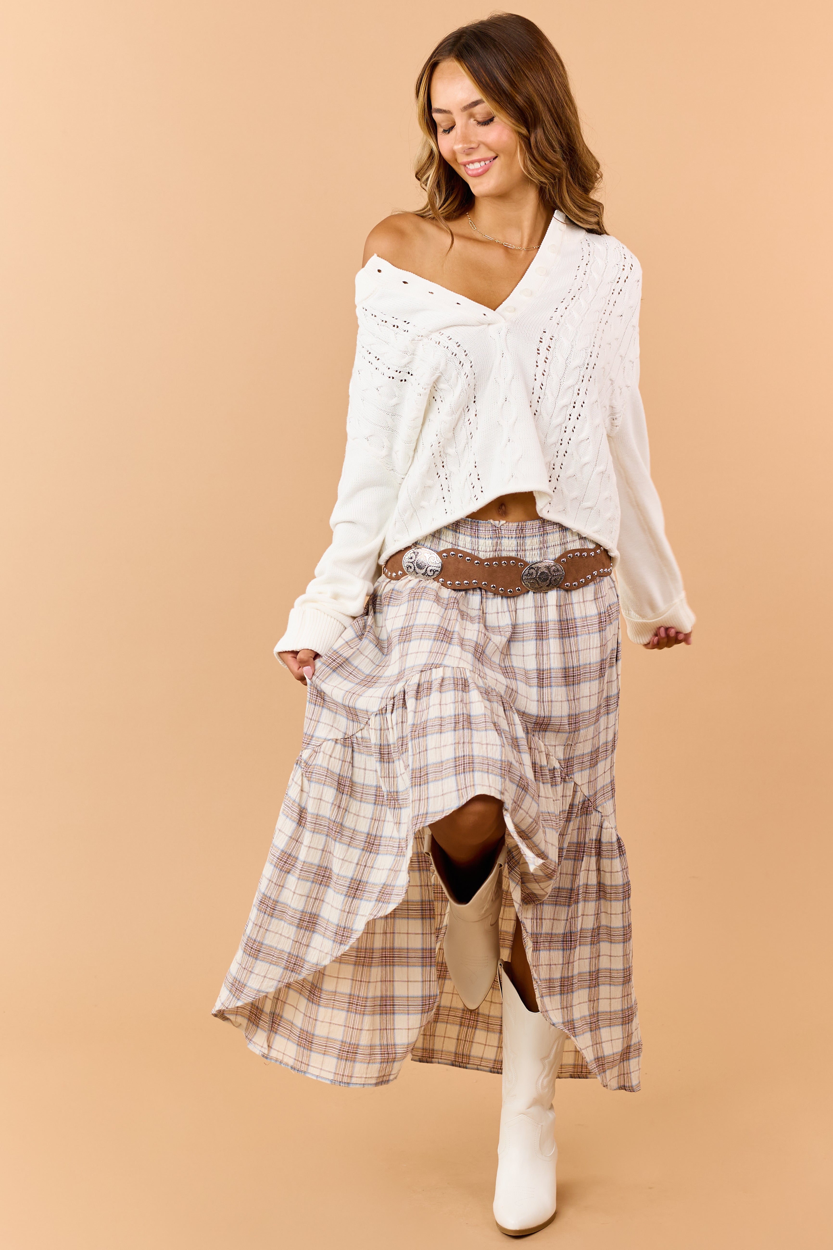Cream Cotton Cable Knit Half Button Down Sweater