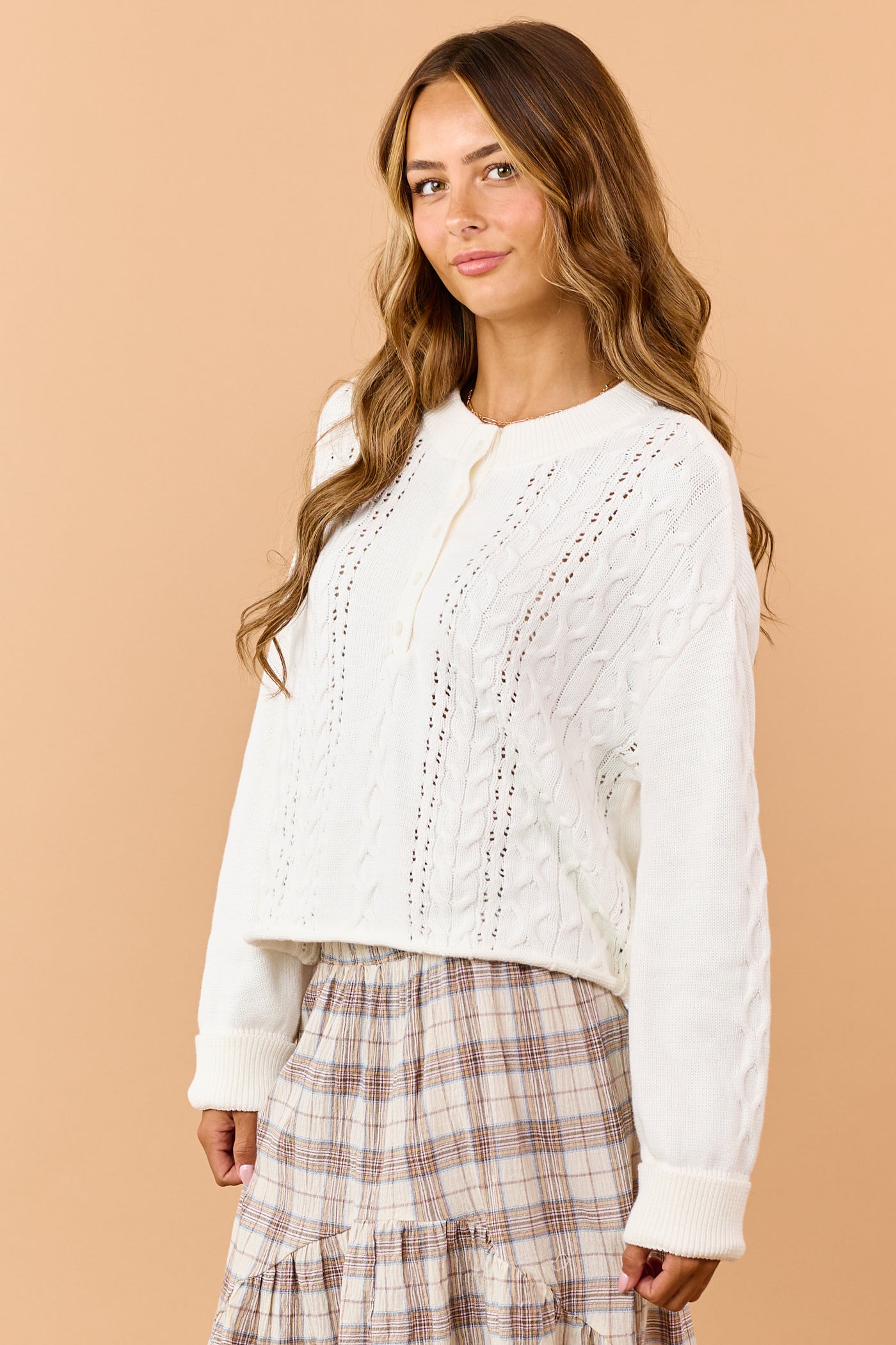 Cream Cotton Cable Knit Half Button Down Sweater
